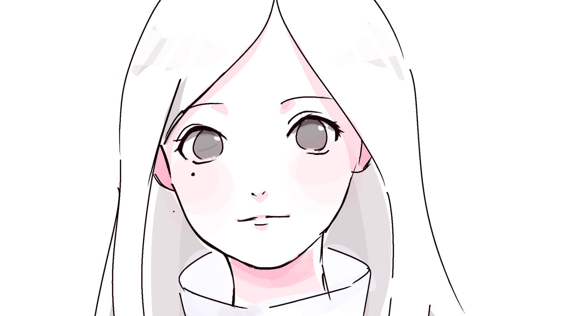 長白髮和柔軟粉紅臉頰的動漫女孩向前看。