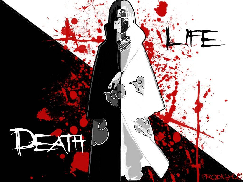 動漫忍者分裂於死亡與生命之間，帶有紅色濺點。