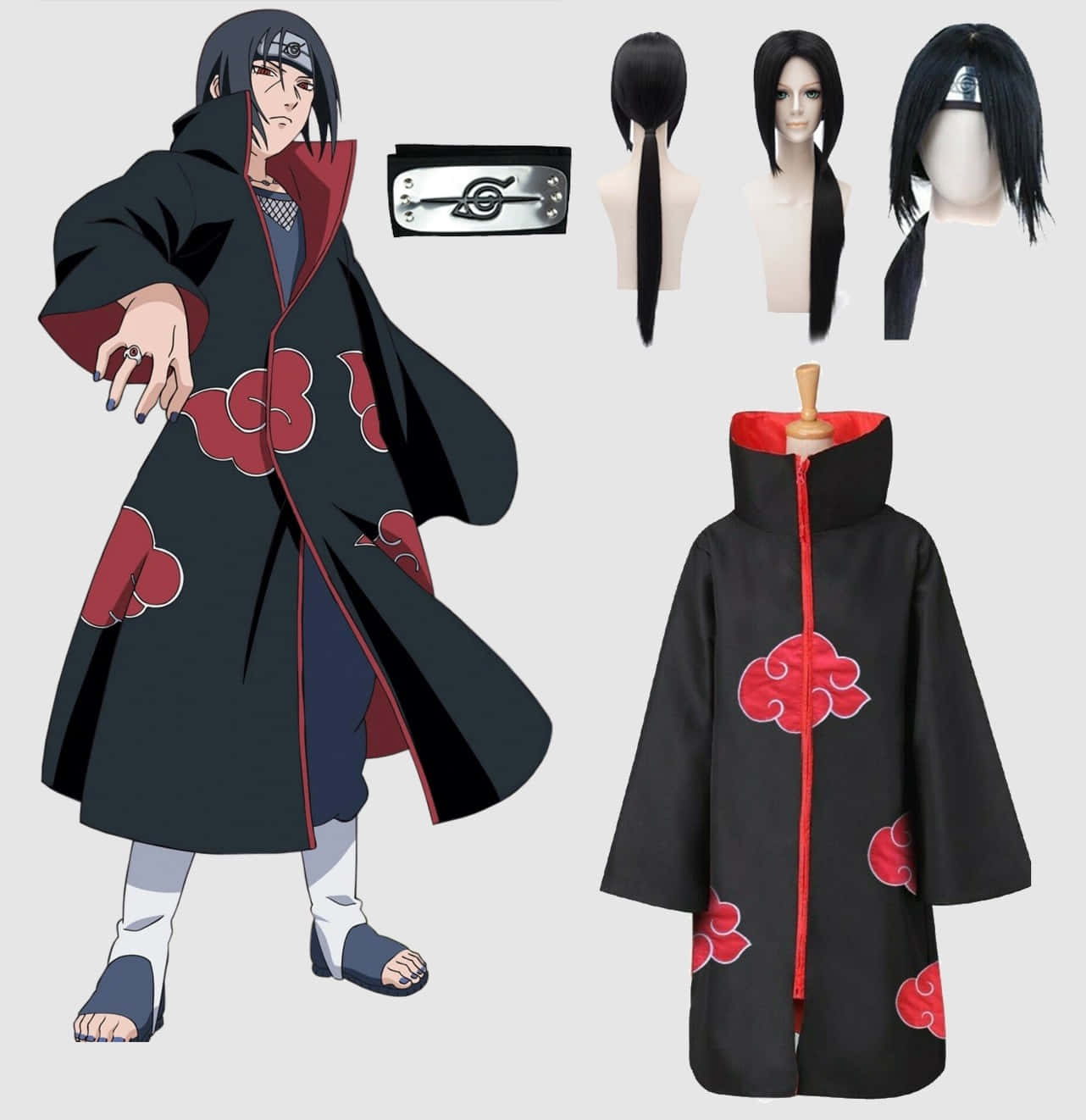 動漫cosplay服裝，包括帶有紅色雲紋的黑色斗篷以及配套假髮和頭帶。