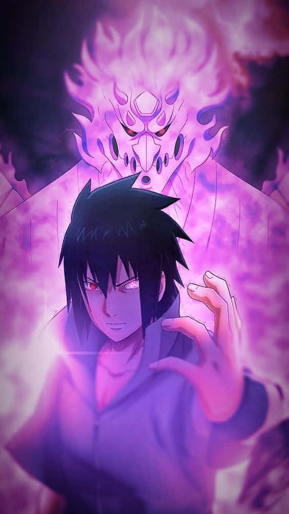 紅眼睛的動漫角色召喚紫色火焰惡魔靈魂。