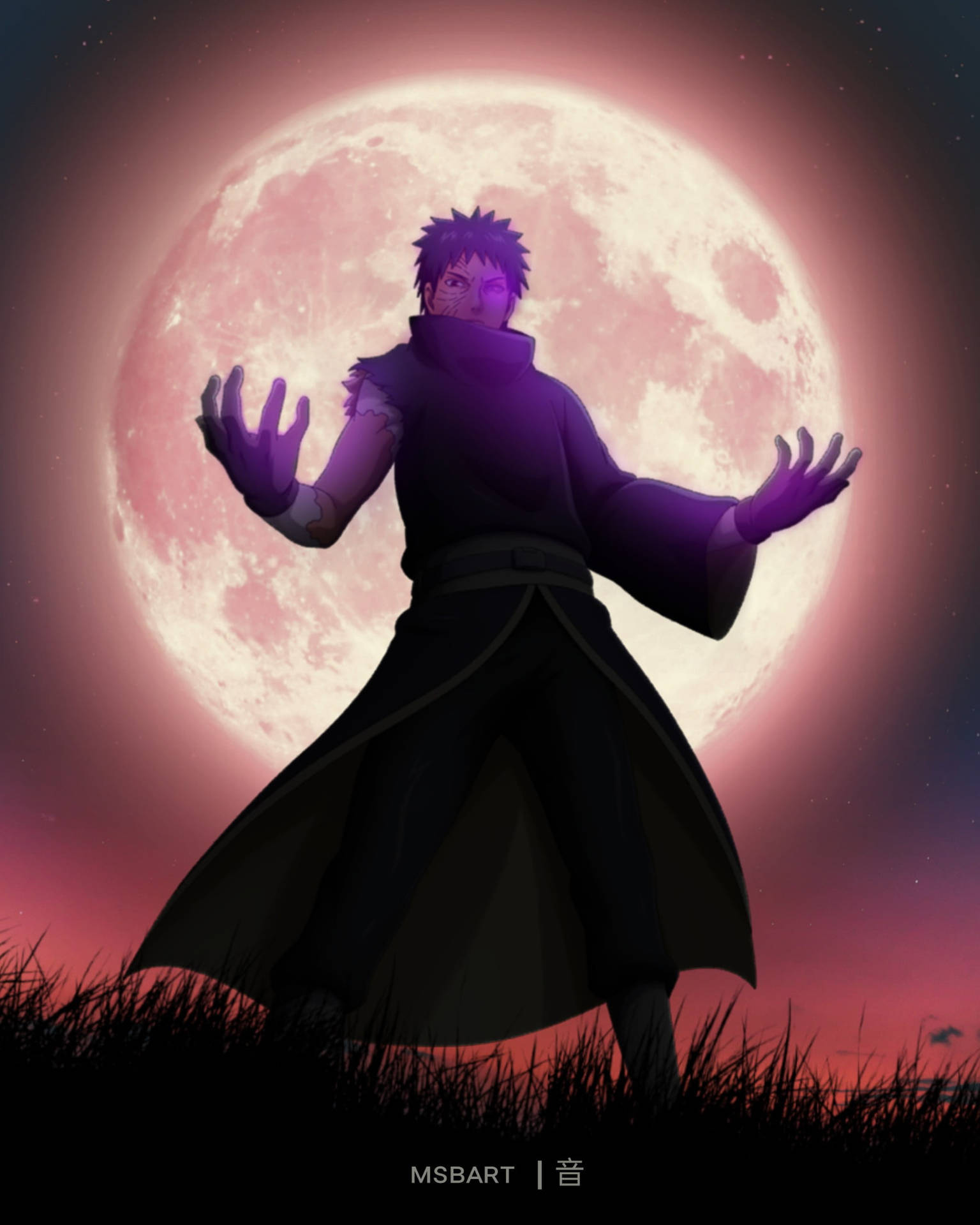 動漫忍者戰士在夜間以巨大粉紅月亮為背景的剪影。 — 火影忍者 4K 壁紙