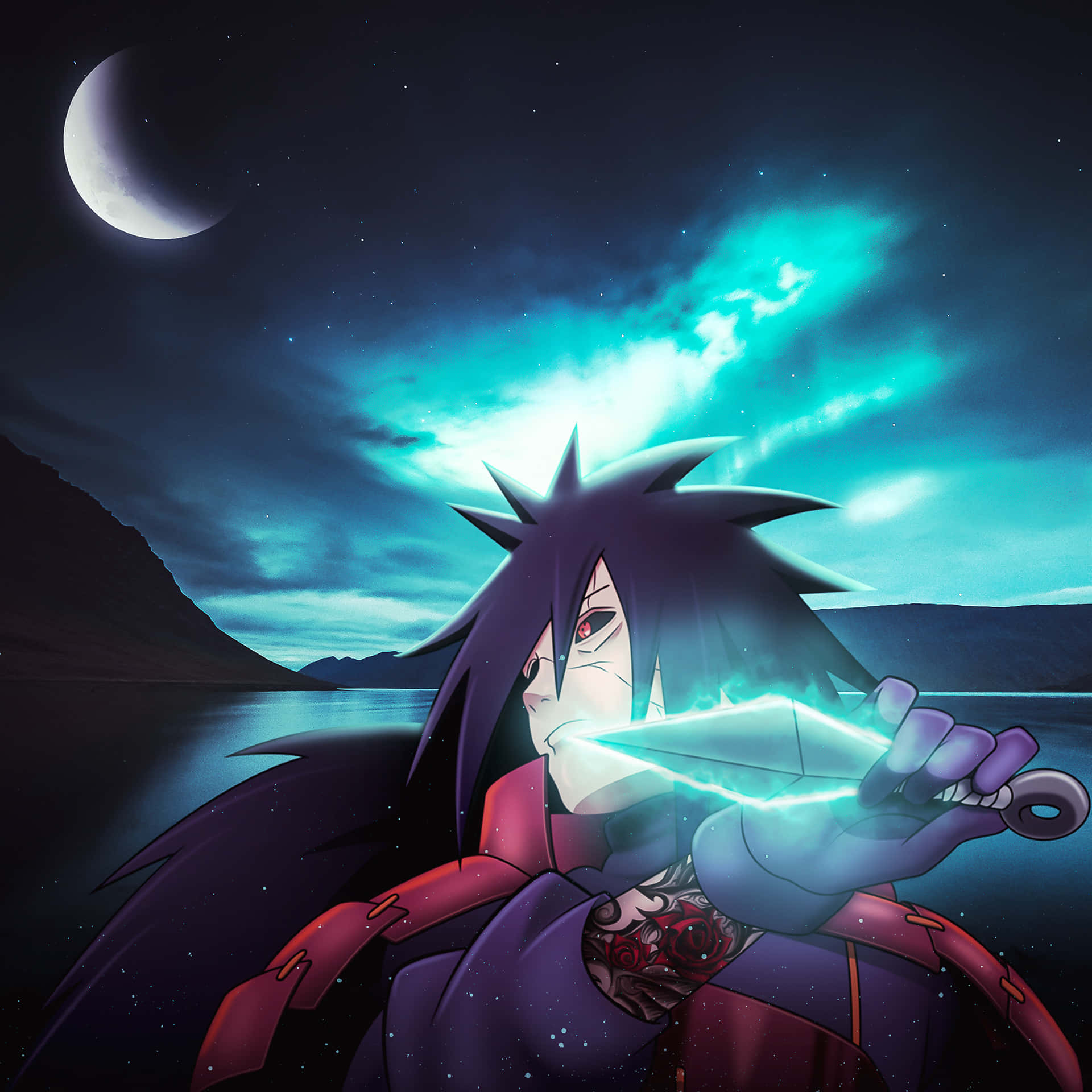 動漫忍者在彎月和星星下拿著發光的苦無 — 宇智波斑 壁紙