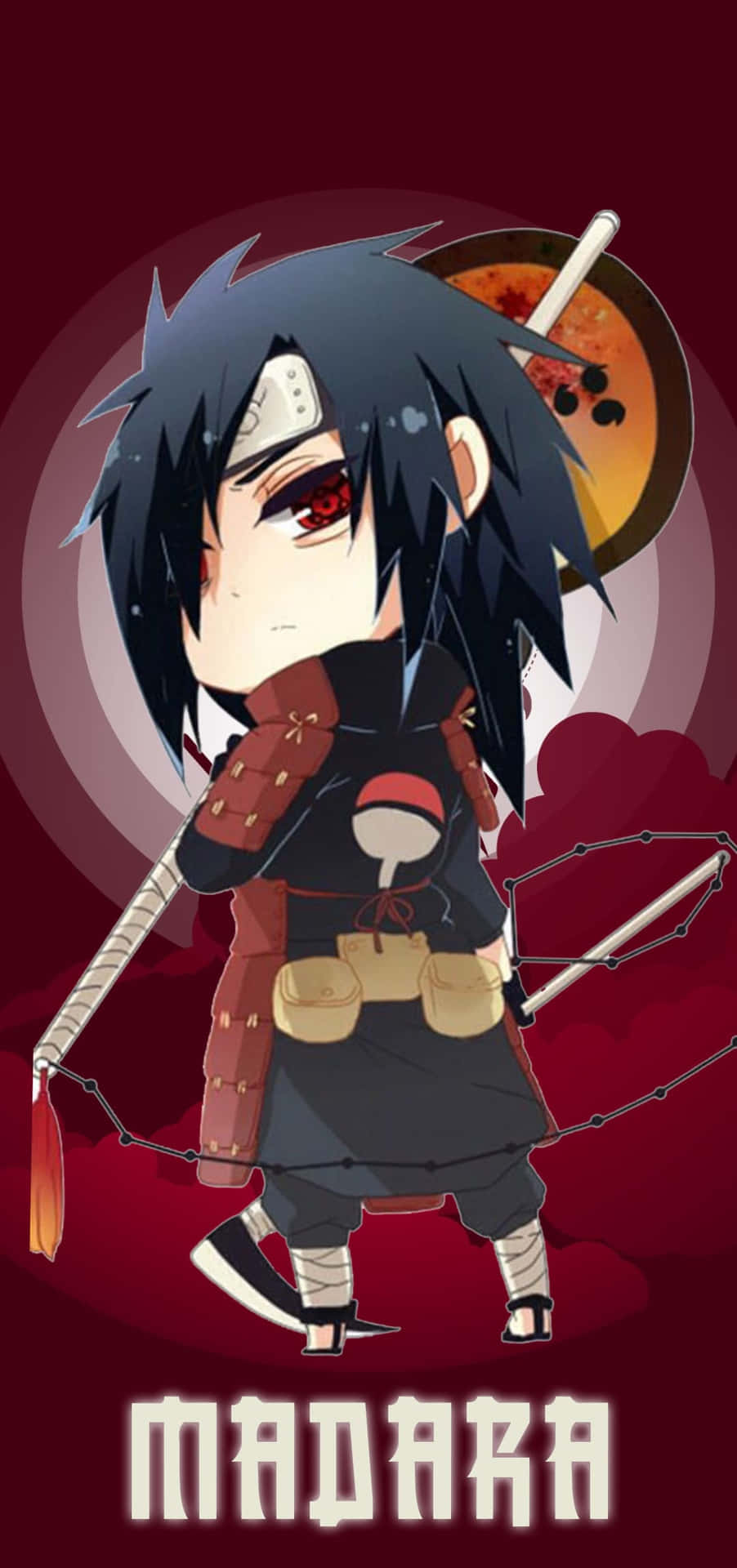 Chibi 動漫忍者宇智波斑，紅眼黑髮，手持武器。 — 宇智波斑 壁紙