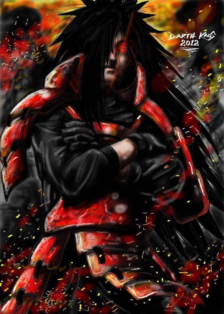 紅眼、身穿血紅色鎧甲的動漫戰士被火花包圍。