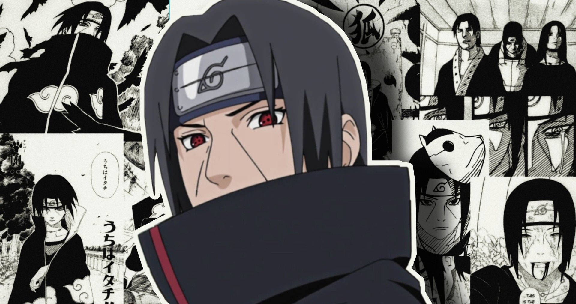 宇智波鼬 Akatsuki 漫畫分鏡 壁紙 — 一幅漫畫面板拼貼，以動畫角色宇智波鼬為中心，紅眼、頭帶，周圍環繞黑白漫畫條。