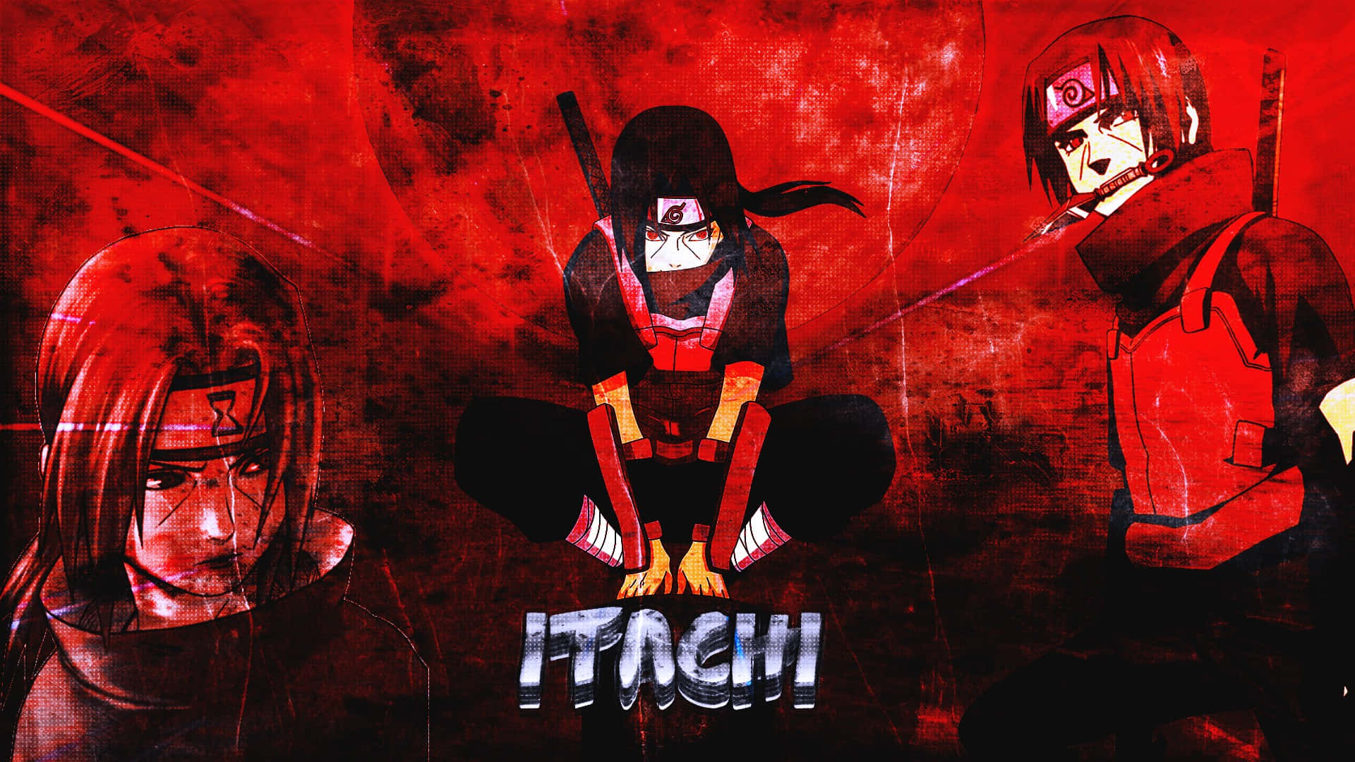 三個身穿紅黑裝備的動漫忍者角色，帶有 'Itachi' 文字。