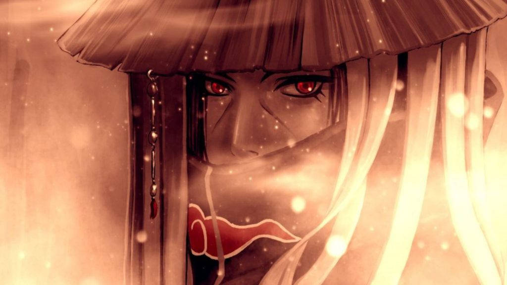 宇智波鼬特寫藝術畫 壁紙 — 一個神秘嘅動漫角色，紅色眼睛同雲紋面具，喺傳統帽下透過溫暖嘅發光霧氣窺視。