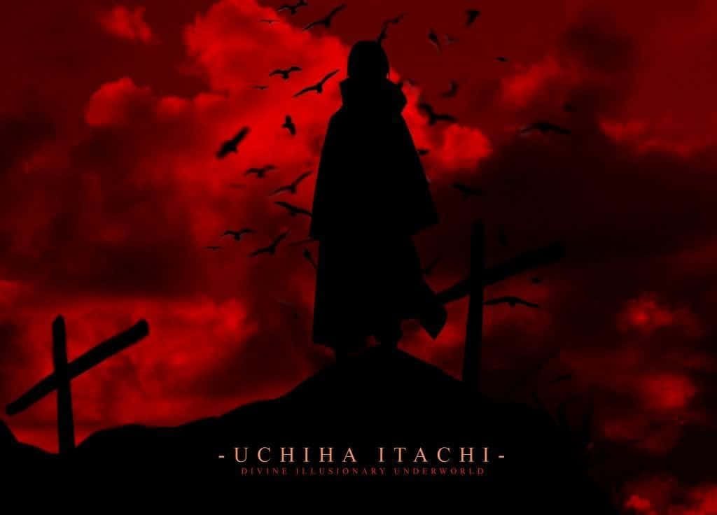 Itachi 桌布 壁紙 — 宇智波鼬的剪影站在山丘上，血紅的天空下，烏鴉在他周圍飛翔。