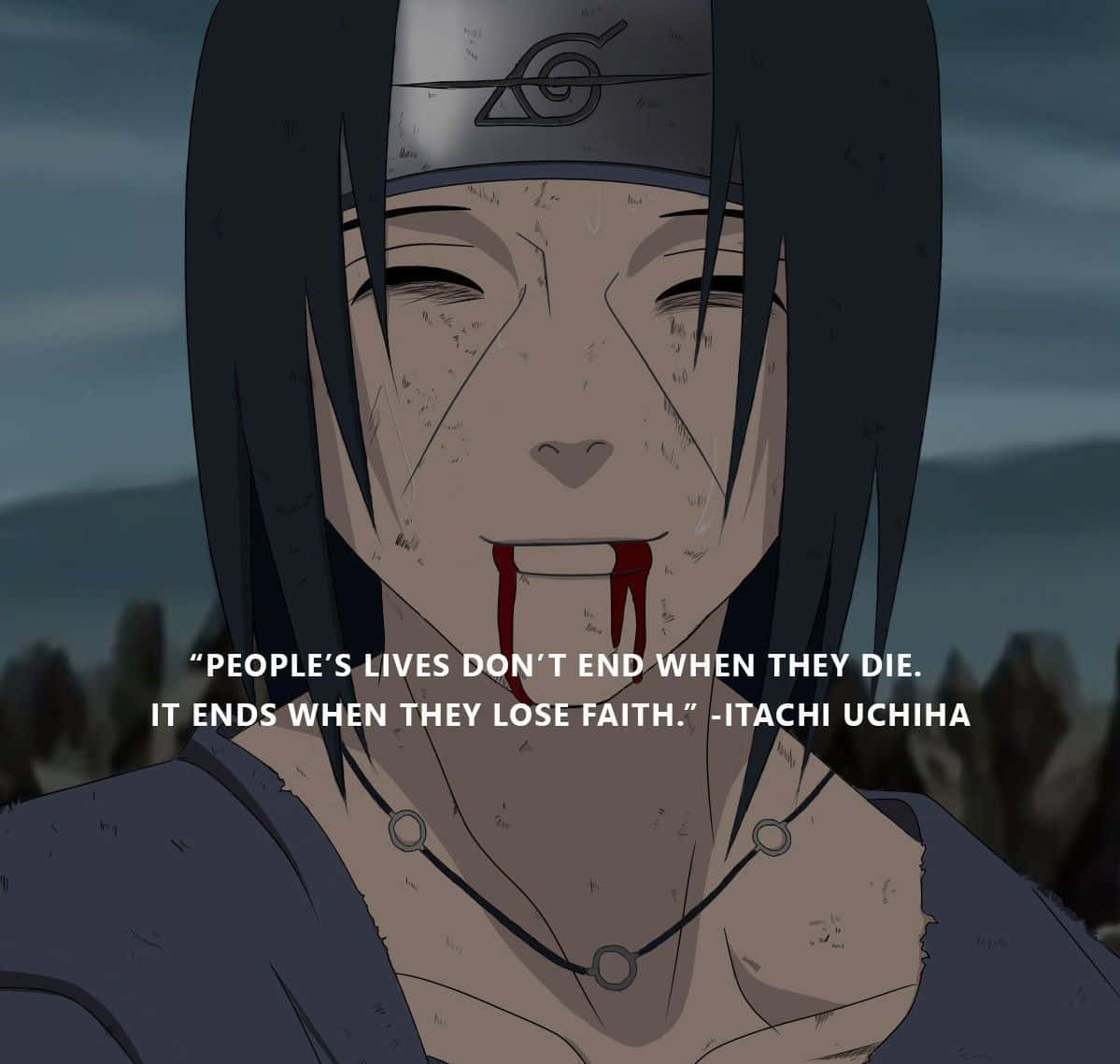 Akatsuki Quotes 桌布 壁紙 — 宇智波鼬的特寫，血從他嘴裡滴下，背景是陰沉的天空。