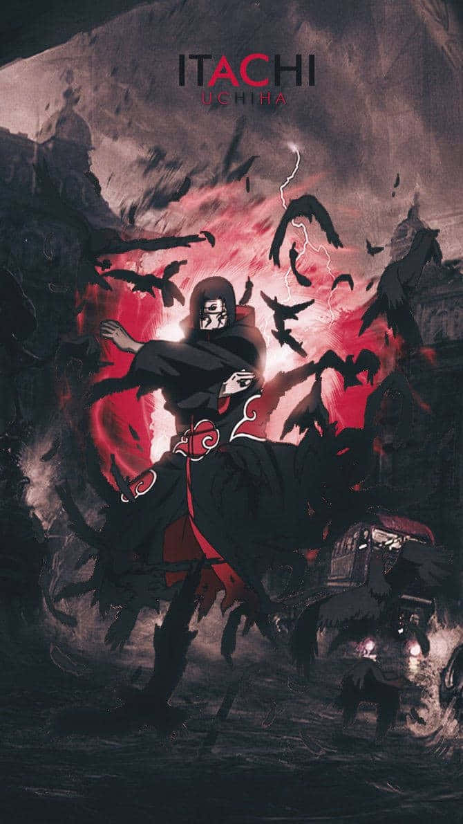 Genjutsu 桌布 壁紙 — 宇智波鼬站在黑暗的暴風雨戰場上，被紅色查克拉和黑鳥包圍，身後閃電劃破天際。