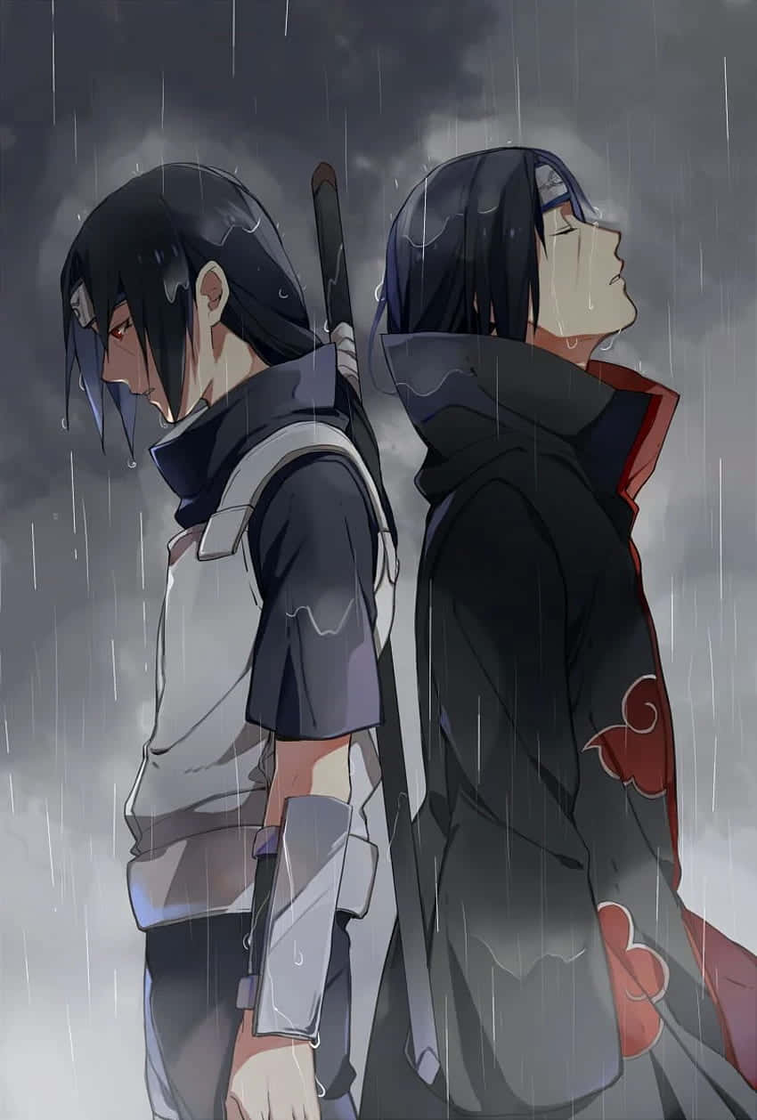兩個動漫忍者角色在暴風雨中背對背站立。 — 宇智波伊勢 壁紙