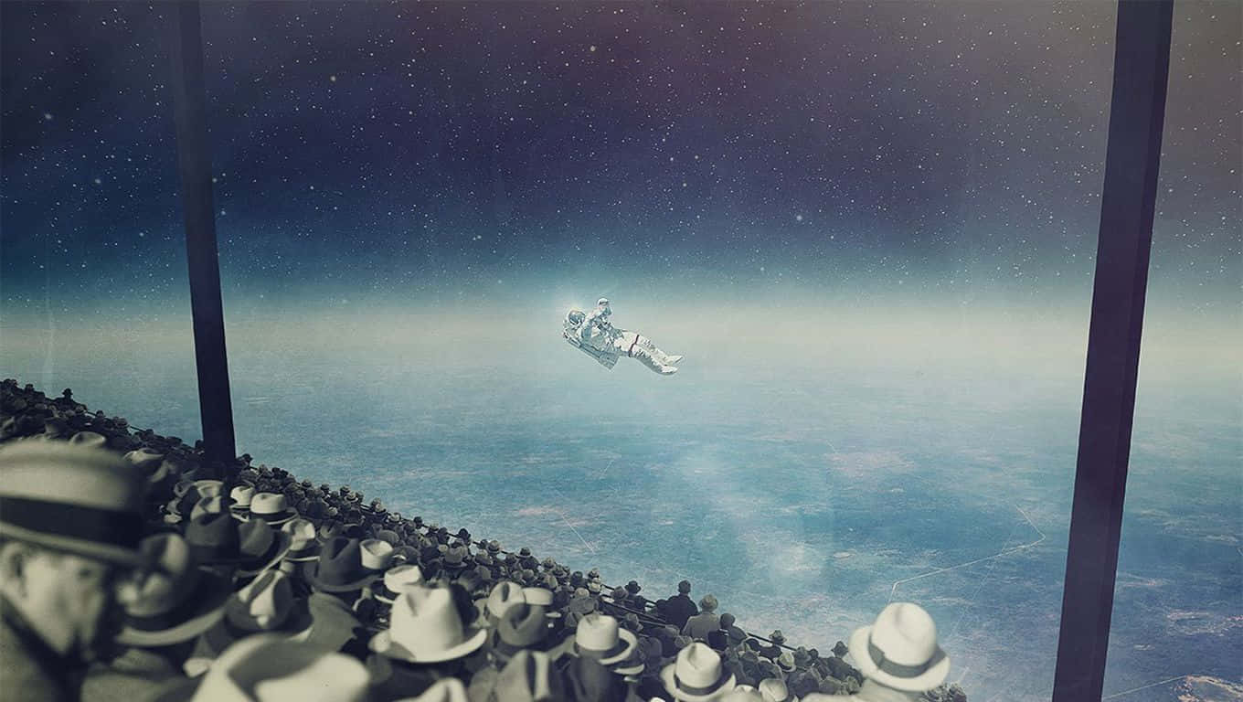 戴著復古帽子的人群觀看一名漂浮在地球上空太空中的太空人。