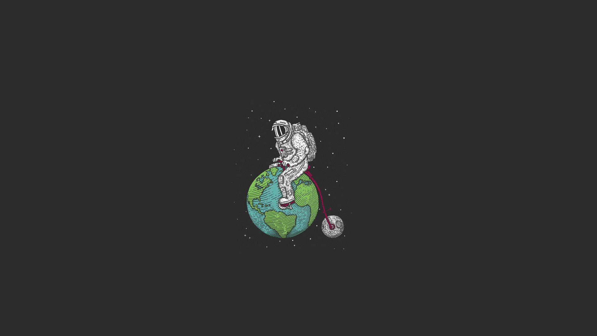 太空人騎單車，以地球為前輪，在太空中。
