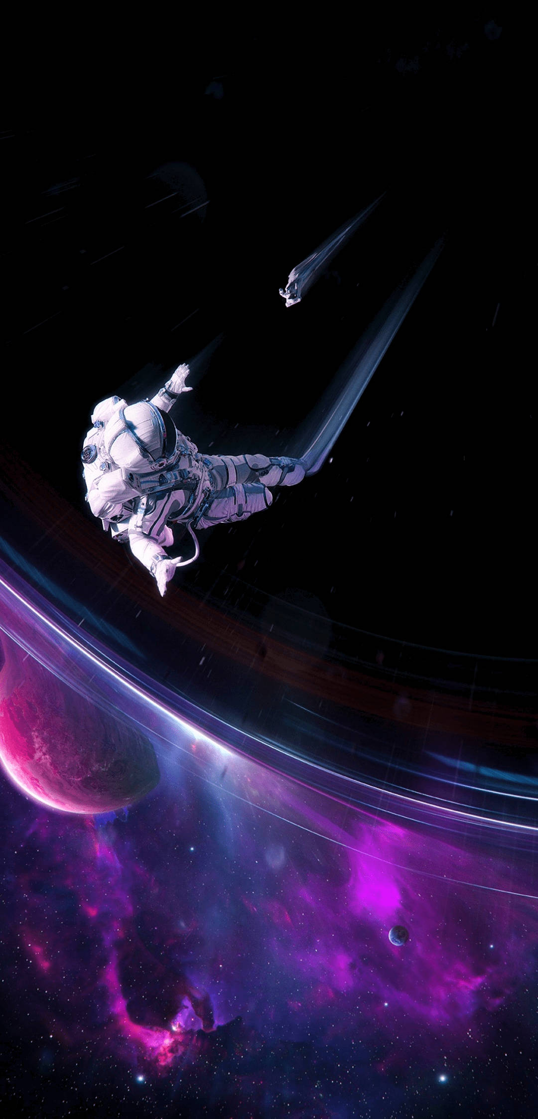 宇航員伸手觸及太空彗星 壁紙 — 一名太空人在零重力下漂浮，靠近一個發光的紫色星雲和一個有環的行星，遠處有一顆彗星掠過。