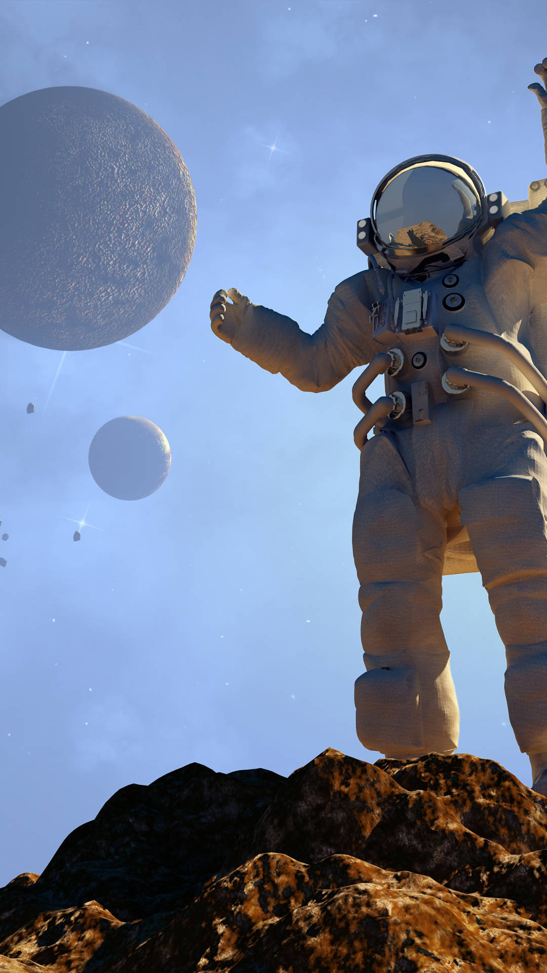 宇航員低角度酷炫攝影 壁紙 — 一名太空人站在岩石外星行星上，在星空下伸手觸及一個巨大的月球和較小的天體。
