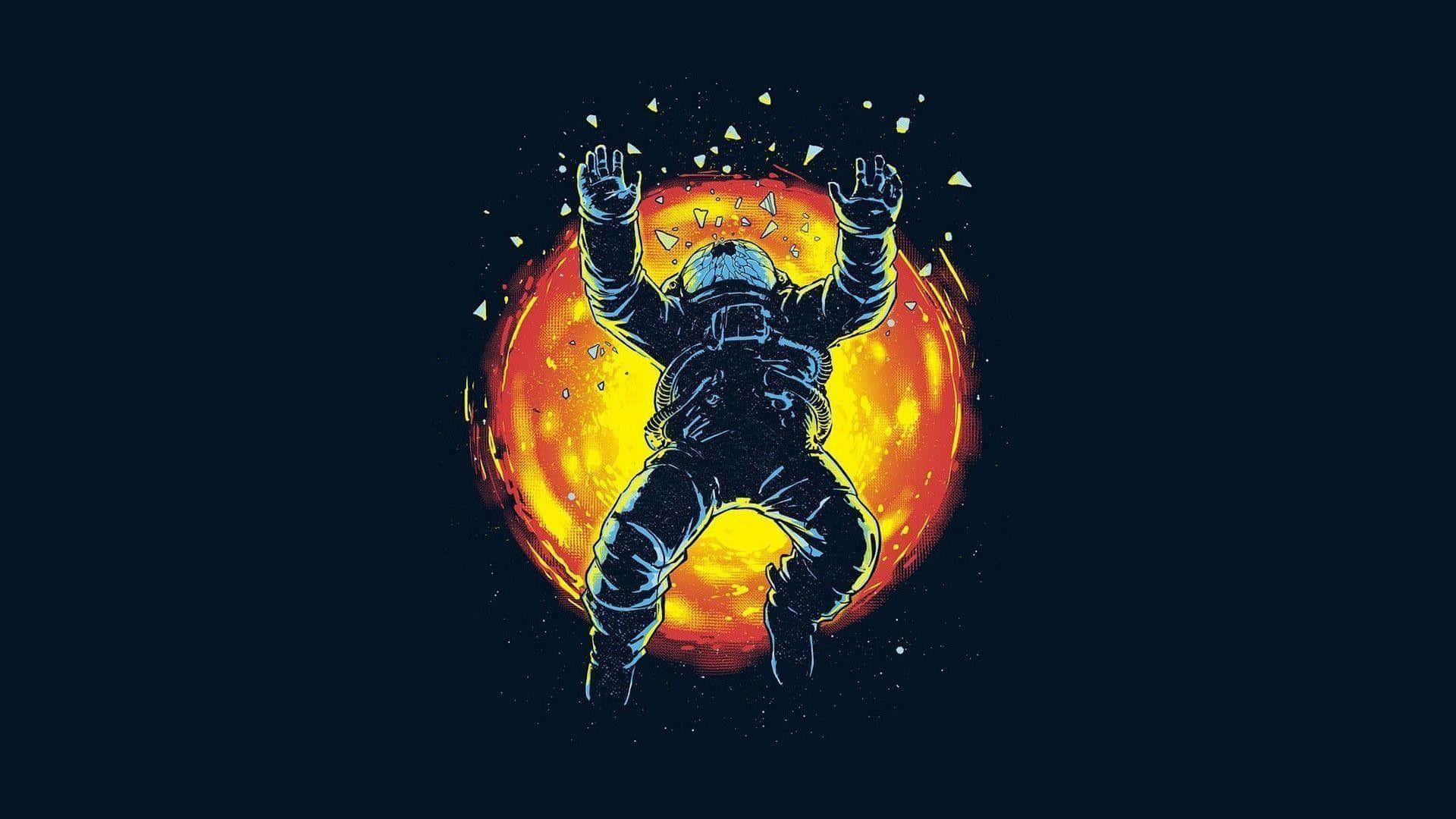 太空人在發光的太陽前於太空中慶祝。