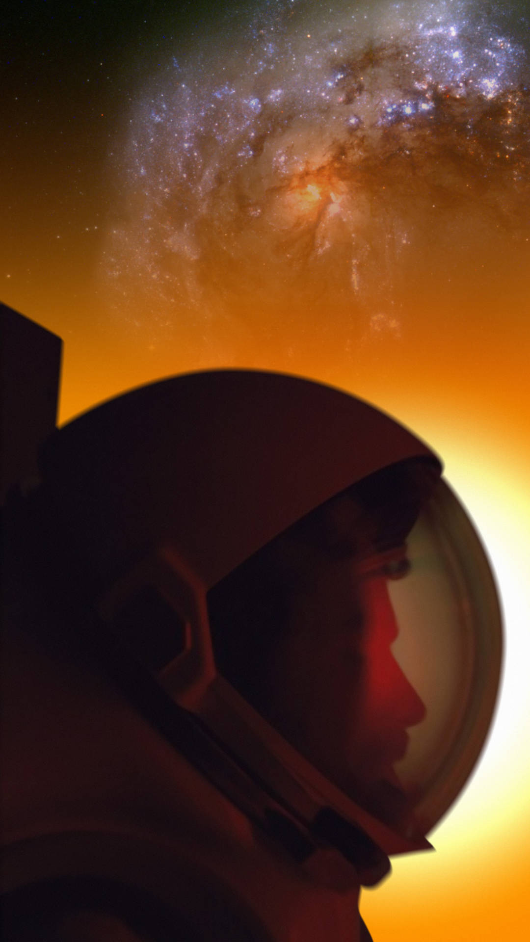 宇航員剪影攝影 壁紙 — 戴著頭盔的太空人凝視著在宇宙背景下盤旋的鮮豔橙色和紫色星系。