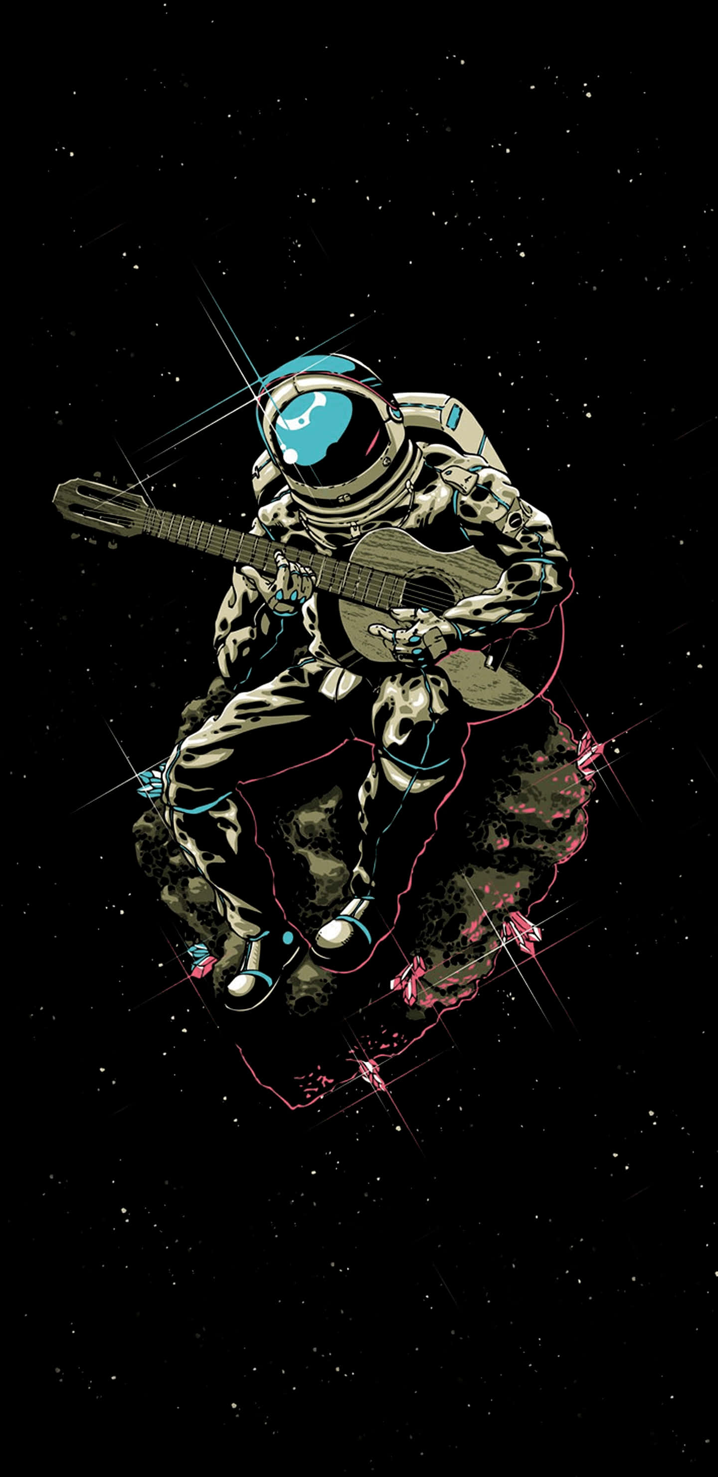 宇航員在太空彈奏吉他 壁紙 — 一名穿著太空衣的太空人在小行星上漂浮彈結他，背景是佈滿星星的黑色虛空。