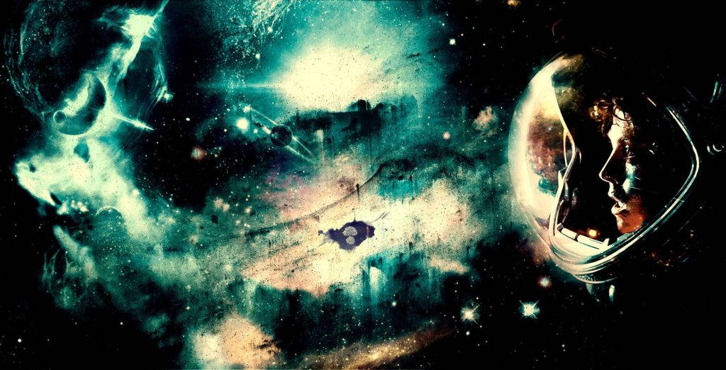 宇航員在太空驚嘆仰望 壁紙 — 一位戴著頭盔的孤獨太空人凝視著一個充滿恆星和宇宙塵埃的漩渦狀青綠色和黑色星雲。