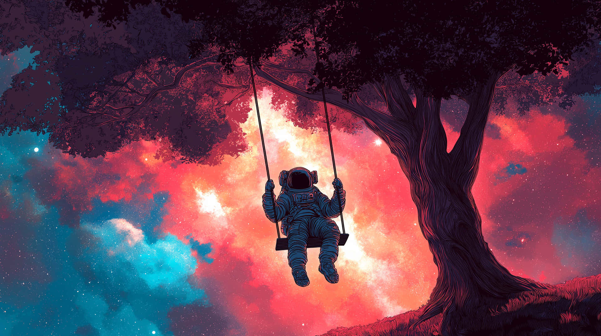 宇航員在樹上盪鞦韆，背景為宇宙星空 壁紙 — 一名身穿藍色太空衣的太空人，在懸掛在深色樹上的繩索鞦韆上搖擺，背景是充滿活力的紅色和藍色宇宙天空。