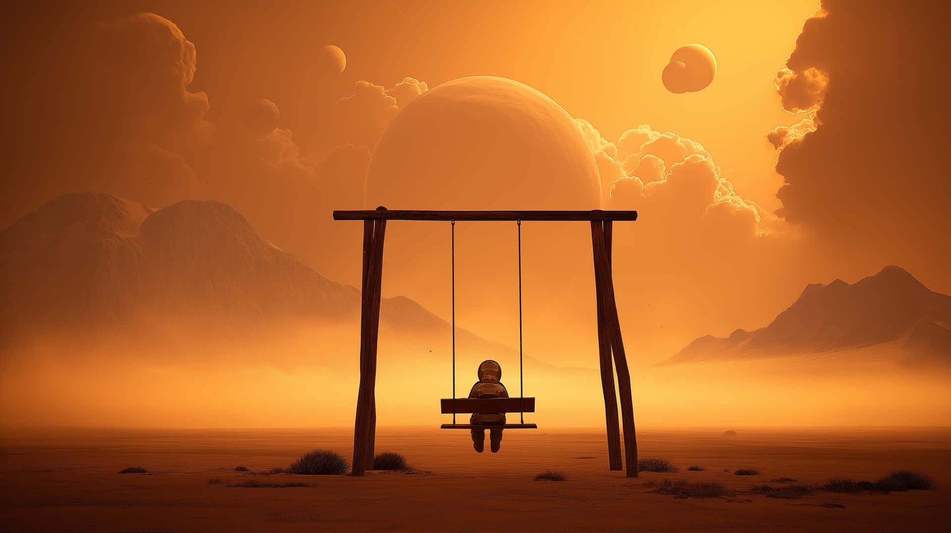 宇航員在秋千上凝望遙遠的異星世界 壁紙 — 一個孤獨的孩子穿著太空衣坐在木鞦韆上，下方是一個巨大的橙色星球，有漂浮的月亮和遙遠的山脈。