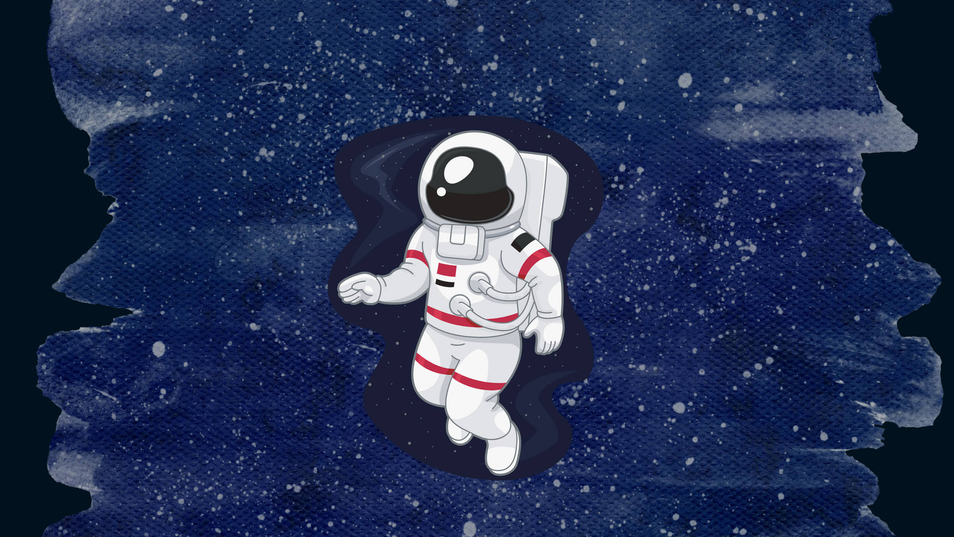 一個卡通太空人在帶有水彩質感的繁星點點藍色空間中漂浮。