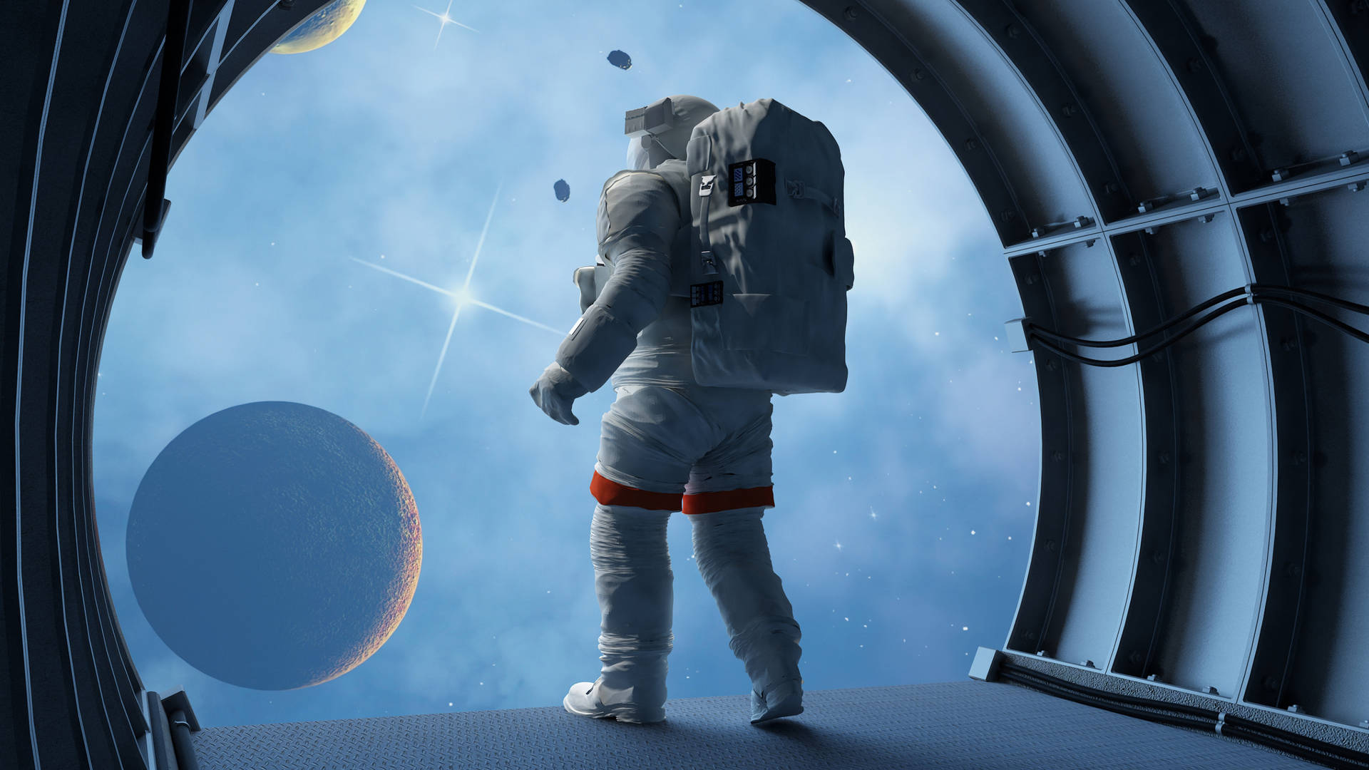 太空人從太空站窗戶看到一顆藍色行星和星星。