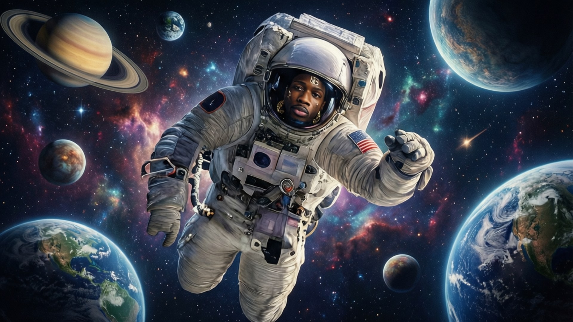 太空人在太空漂浮，地球、土星和其他行星在宇宙背景中可見