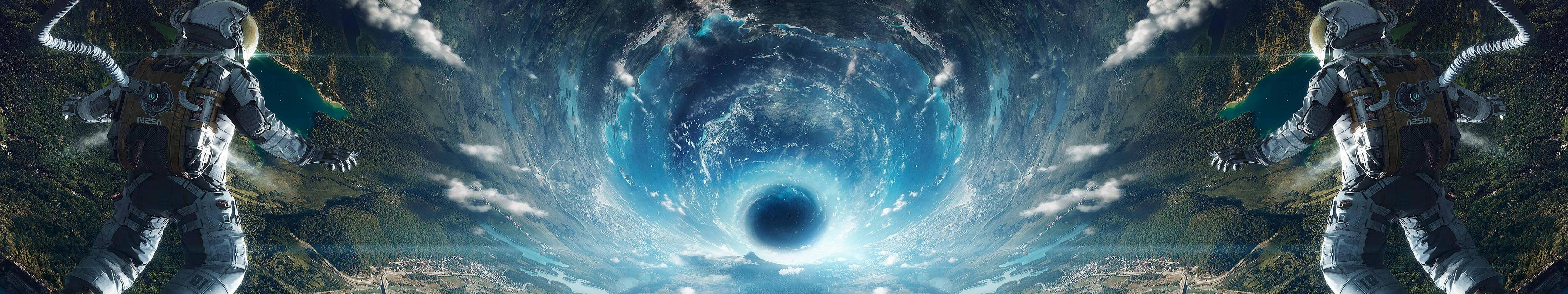 太空人漂浮在太空中的黑洞附近，伴有旋轉的宇宙漩渦。
