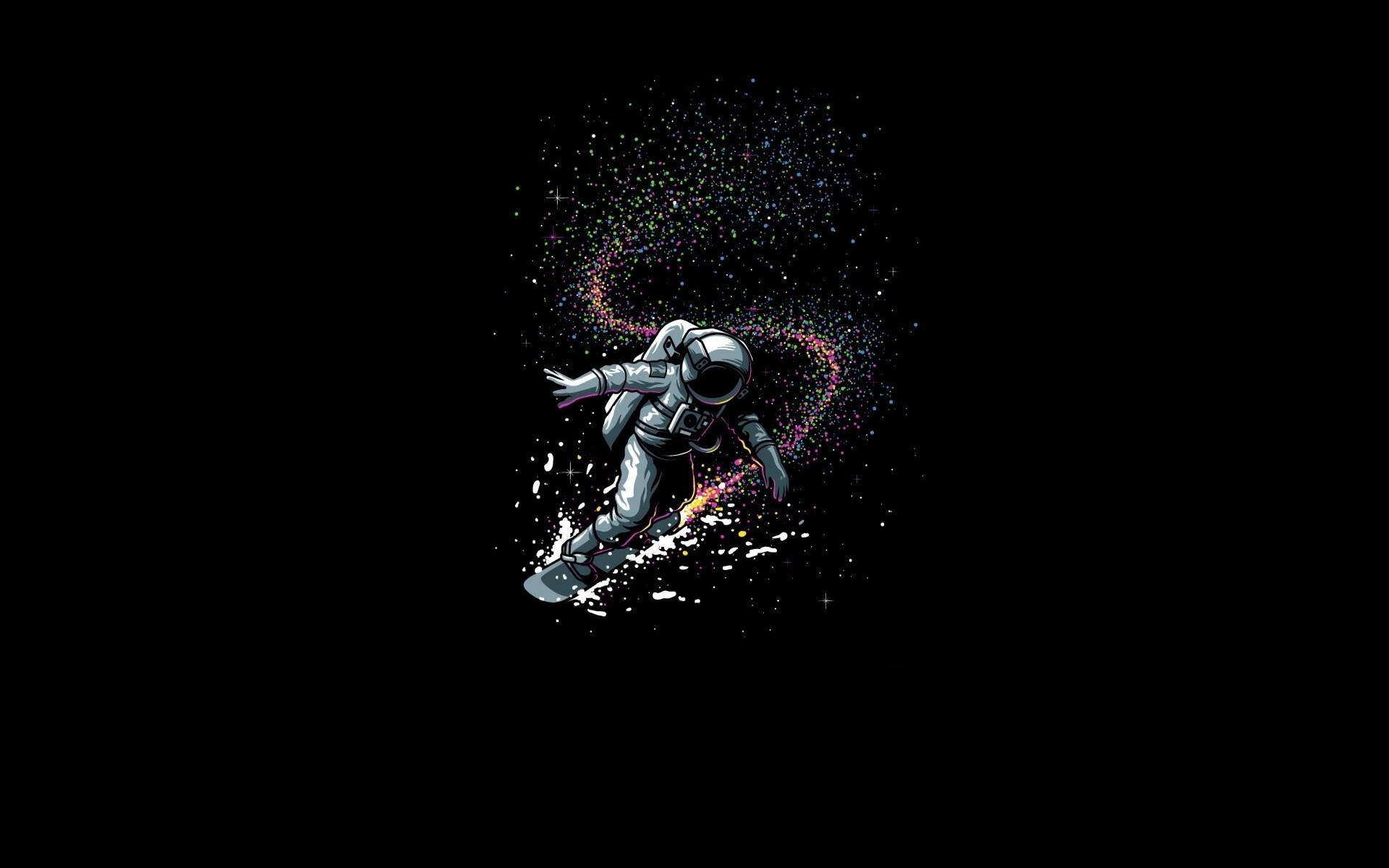 太空人在太空玩滑雪板，留下一串彩色火花和星星的痕跡。