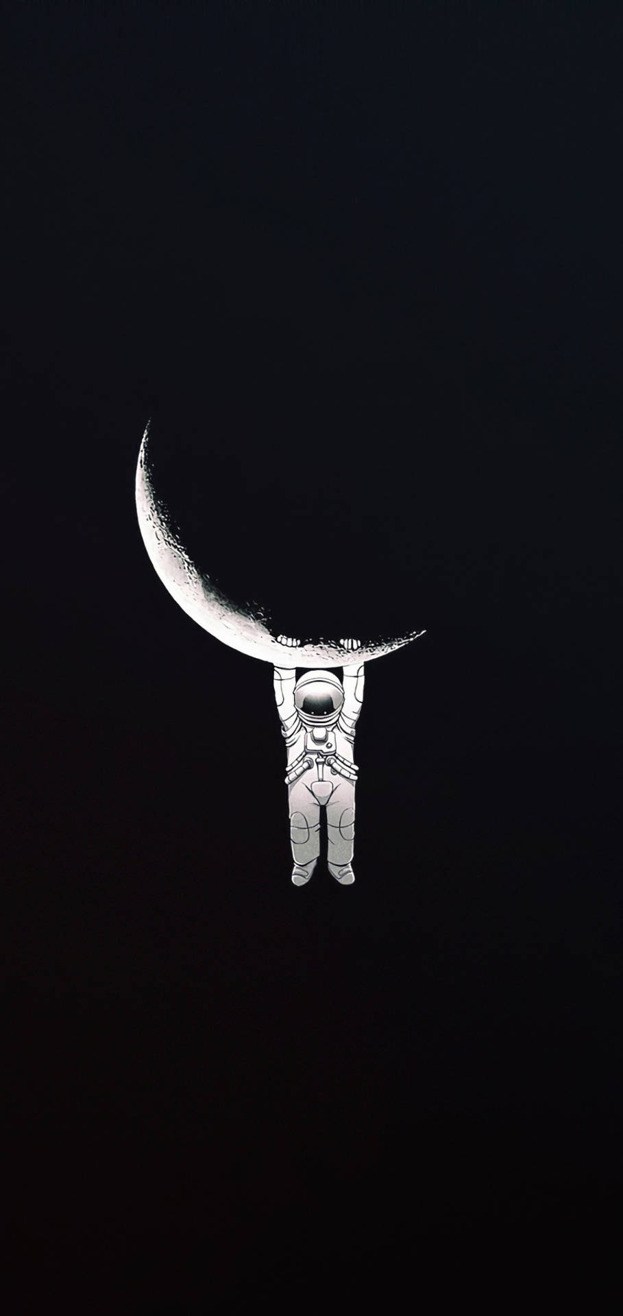 太空人在黑色背景的太空手持新月。