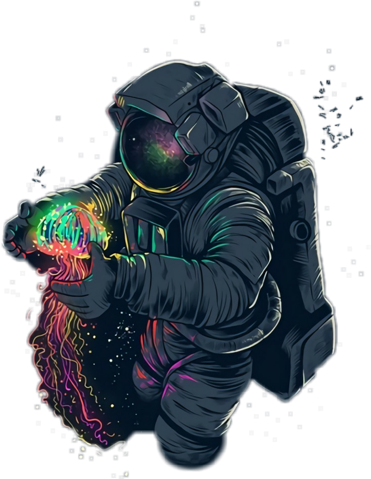 宇航員手持宇宙能量插畫 壁紙 — 一名太空人在太空中輕輕懷抱著發光的霓虹水母，背景是星光燦爛的宇宙。