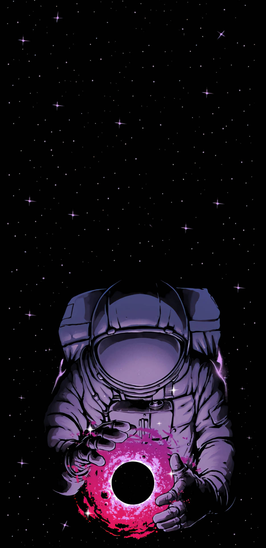 太空人在星際間懷抱著一顆發光的粉紅色行星。