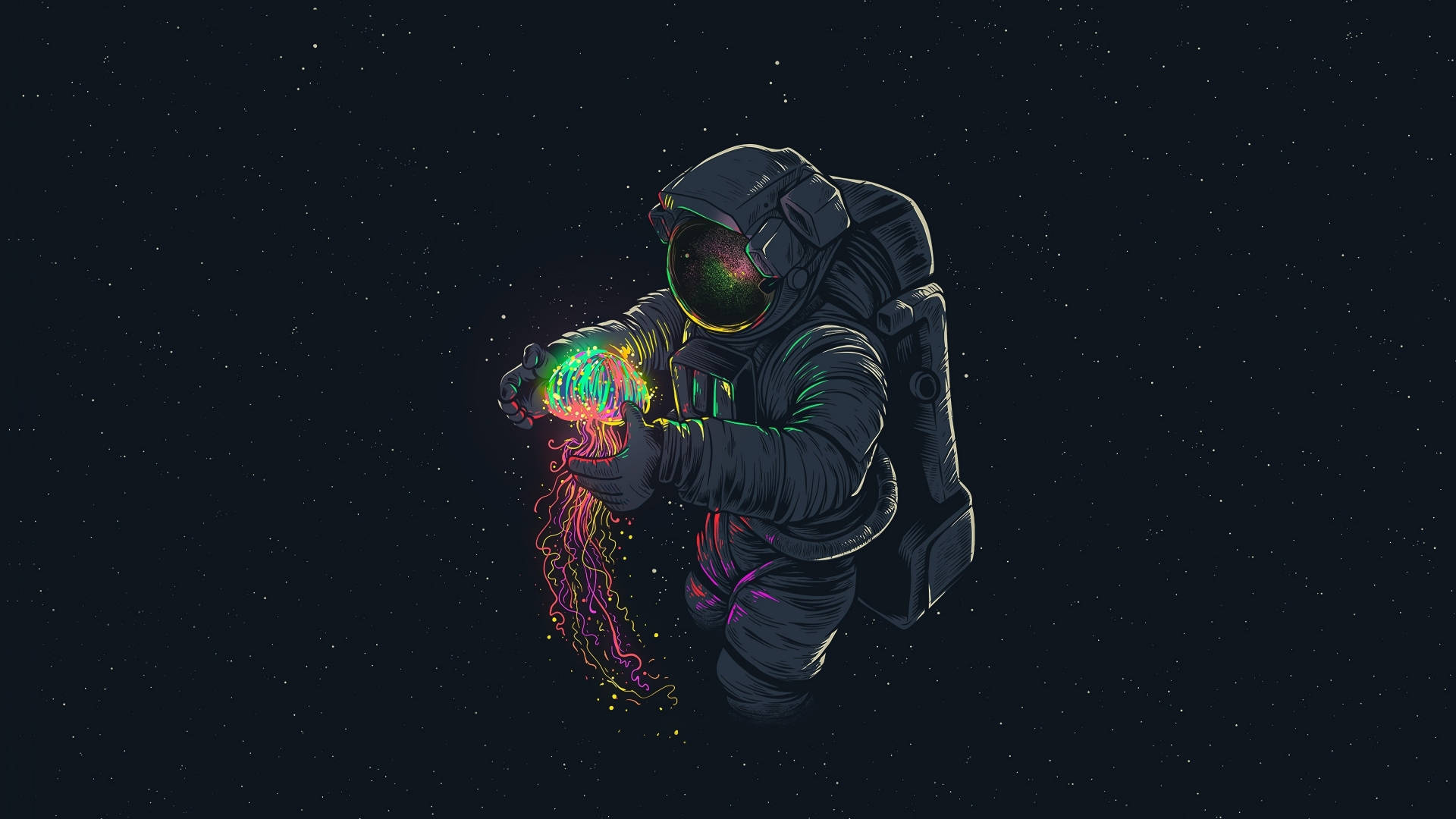 宇航員手持星系水母奇幻藝術 壁紙 — 一名太空人在太空中輕輕懷抱著發光的霓虹水母，背景是繁星點點的宇宙。