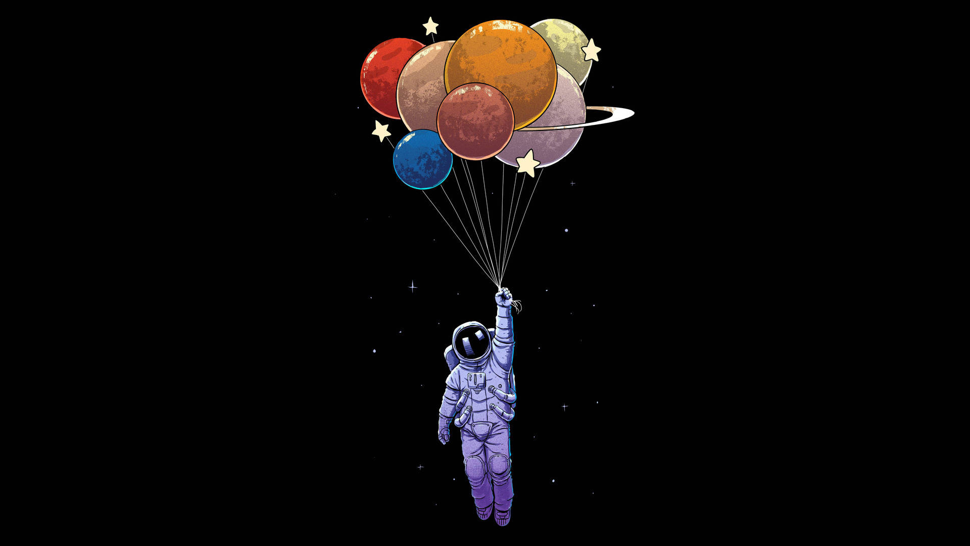 宇航員手持行星氣球 壁紙 — 一名太空人在太空漂浮，手持色彩繽紛的行星氣球，背景是星光閃爍的黑色夜空。