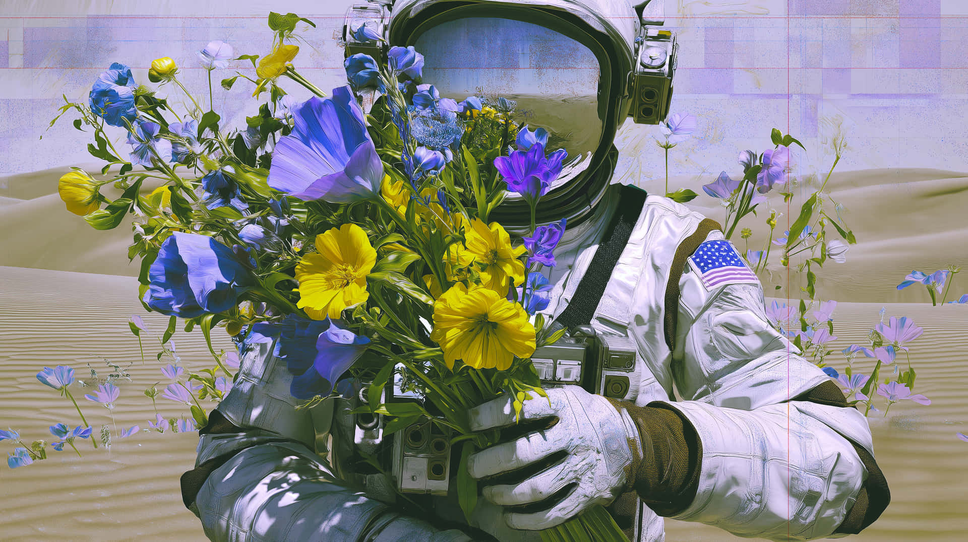 一名太空人在沙質的外星行星上手持一束藍色和黃色花束。