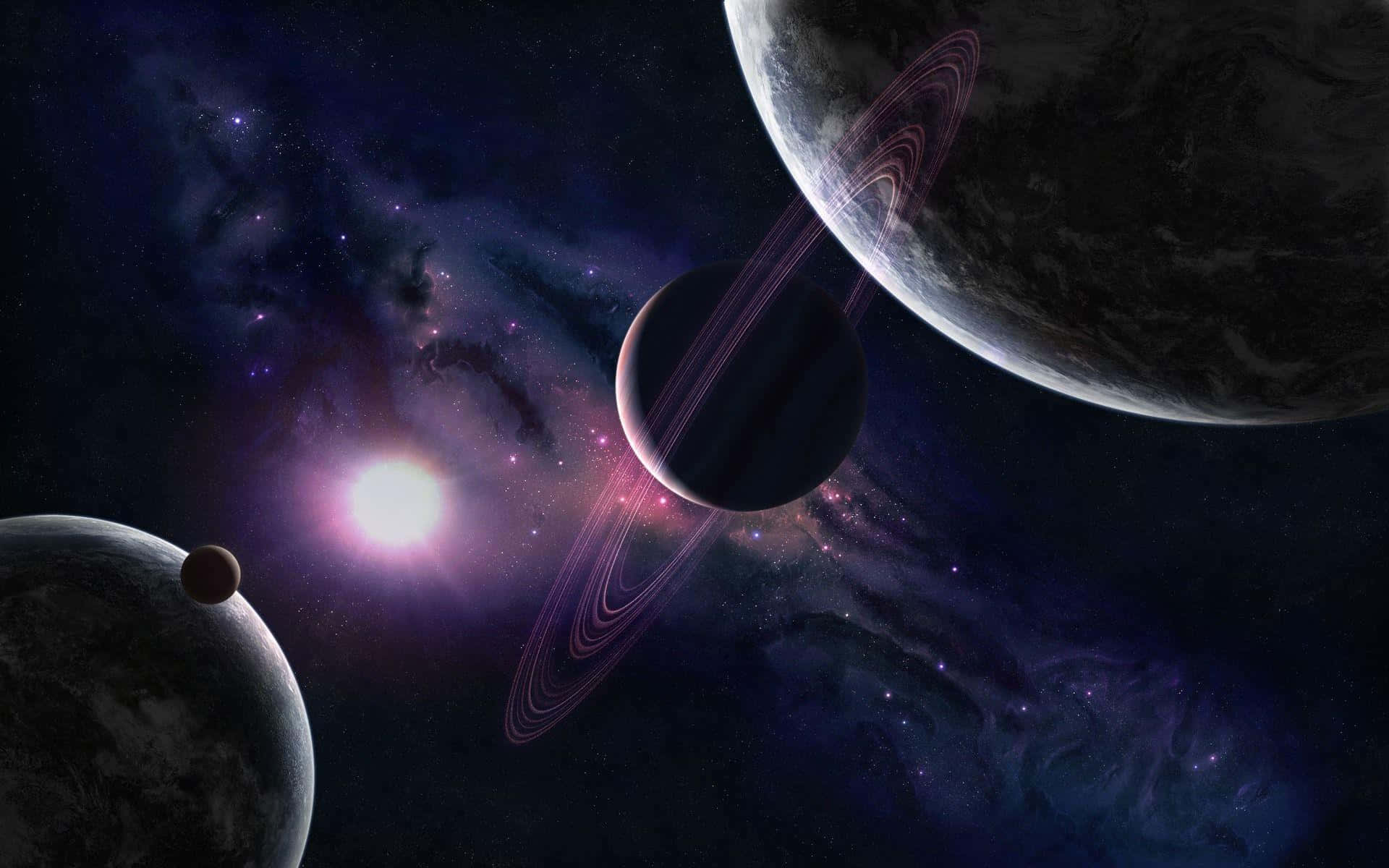 在色彩繽紛的星雲中，帶有環的行星圍繞著一顆明亮的恆星運行。