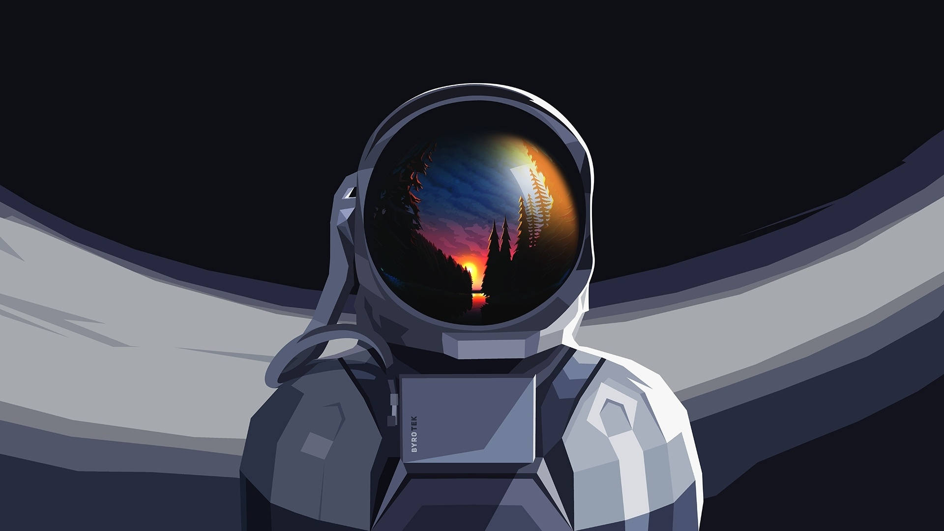 宇航員探索浩瀚宇宙 壁紙 — 穿著太空衣的太空人在頭盔面罩上反射出充滿活力的森林日落，背景是黑暗的宇宙。