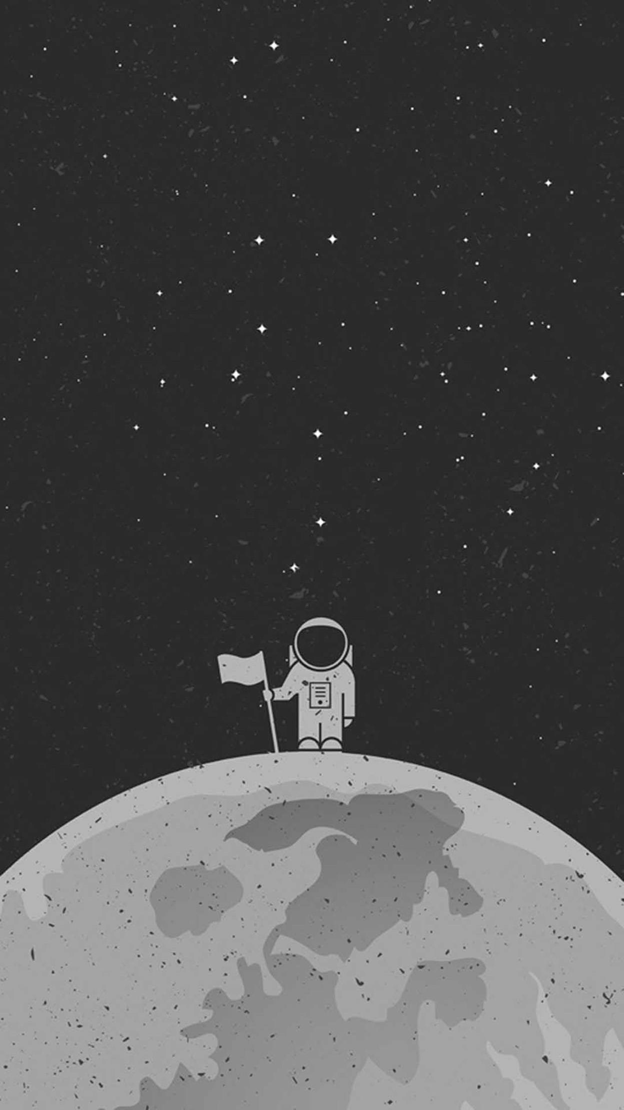 宇航員插畫 iPhone 壁紙 — 一位極簡風格的太空人站在佈滿隕石坑的月球上，在星空下舉著旗幟。