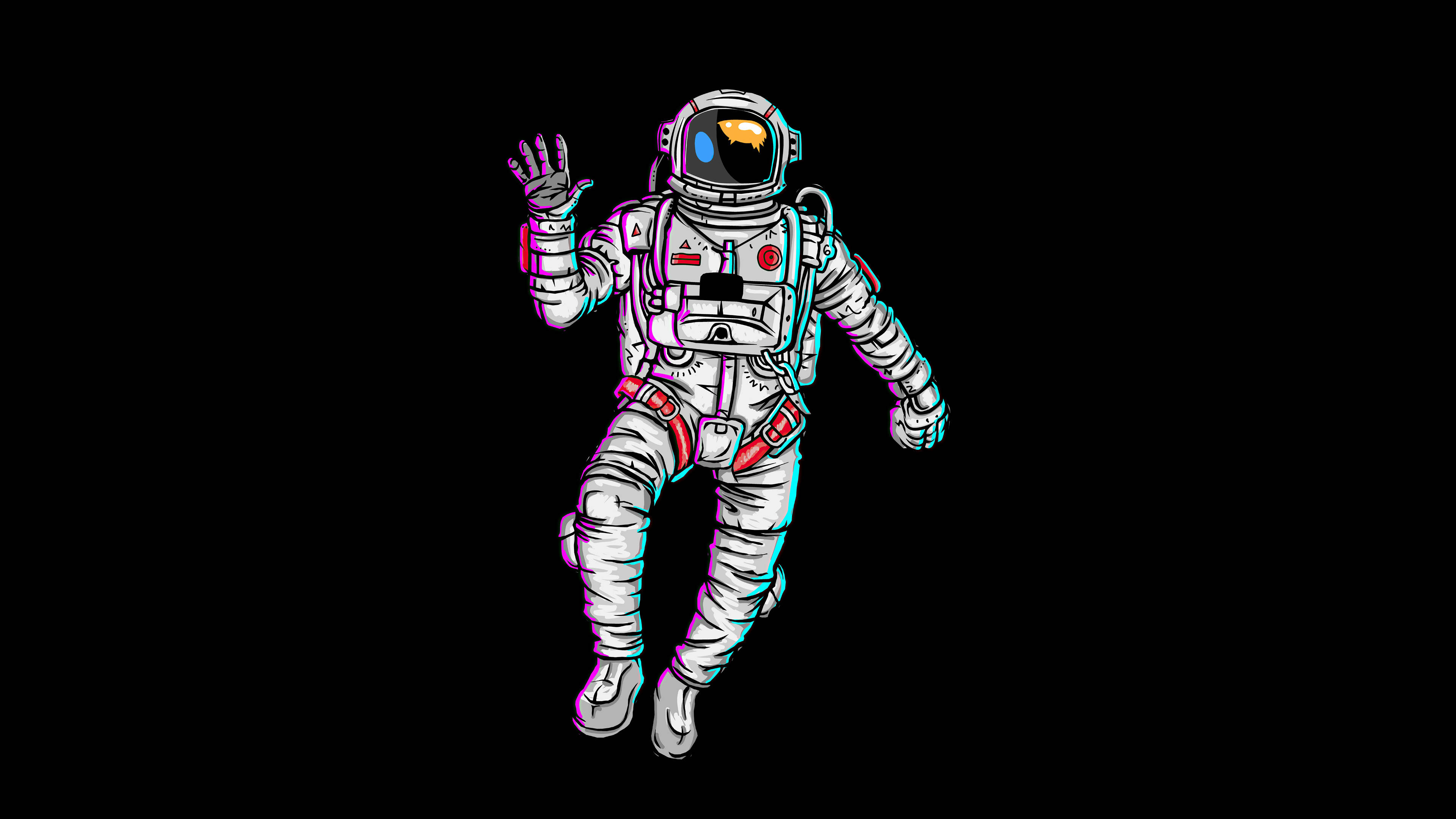 宇航員揮手復古故障美學 壁紙 — 一個風格化的太空人，身穿白色太空衣，帶有粉紅色和青色霓虹輪廓，在黑色背景上揮手。