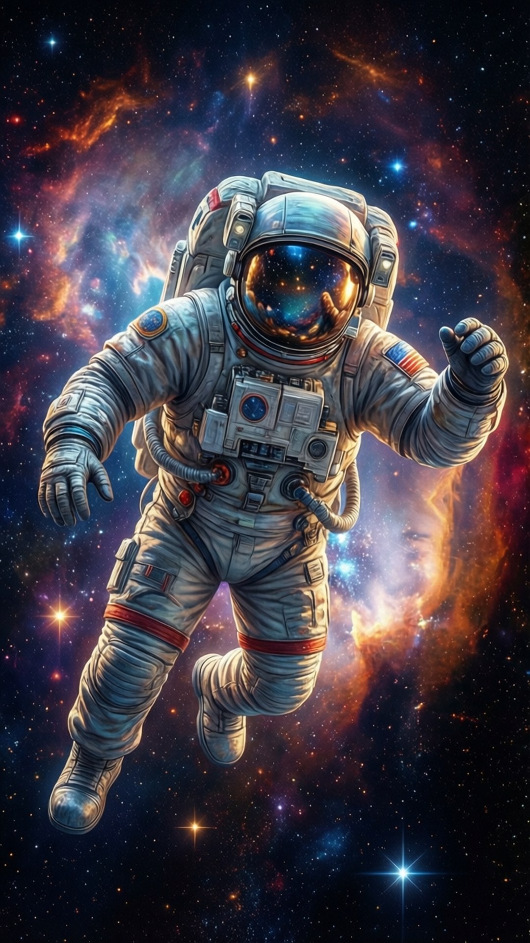 穿著細節豐富太空衣的太空人漂浮在色彩繽紛的宇宙星雲中，伴有發光恆星