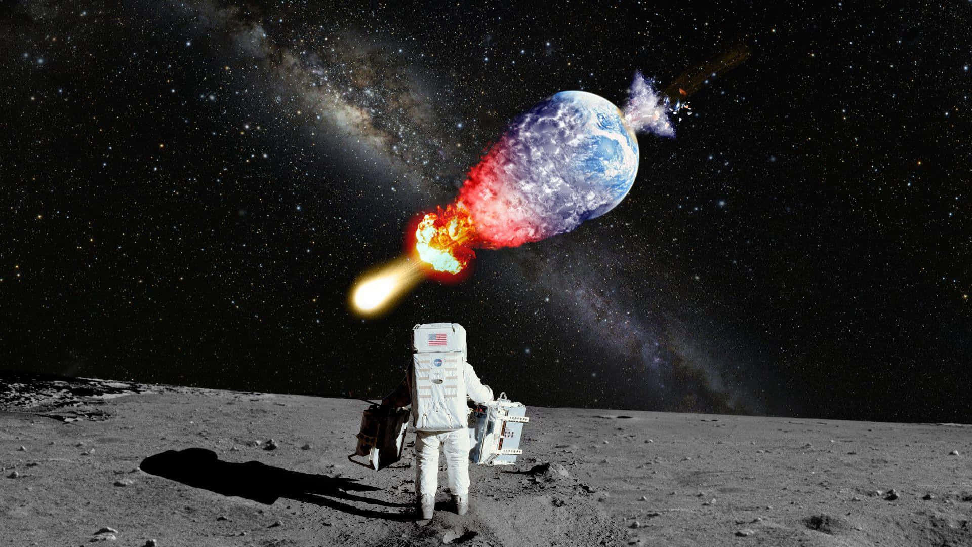月球上的太空人觀看地球爆炸成熾熱的宇宙景象。