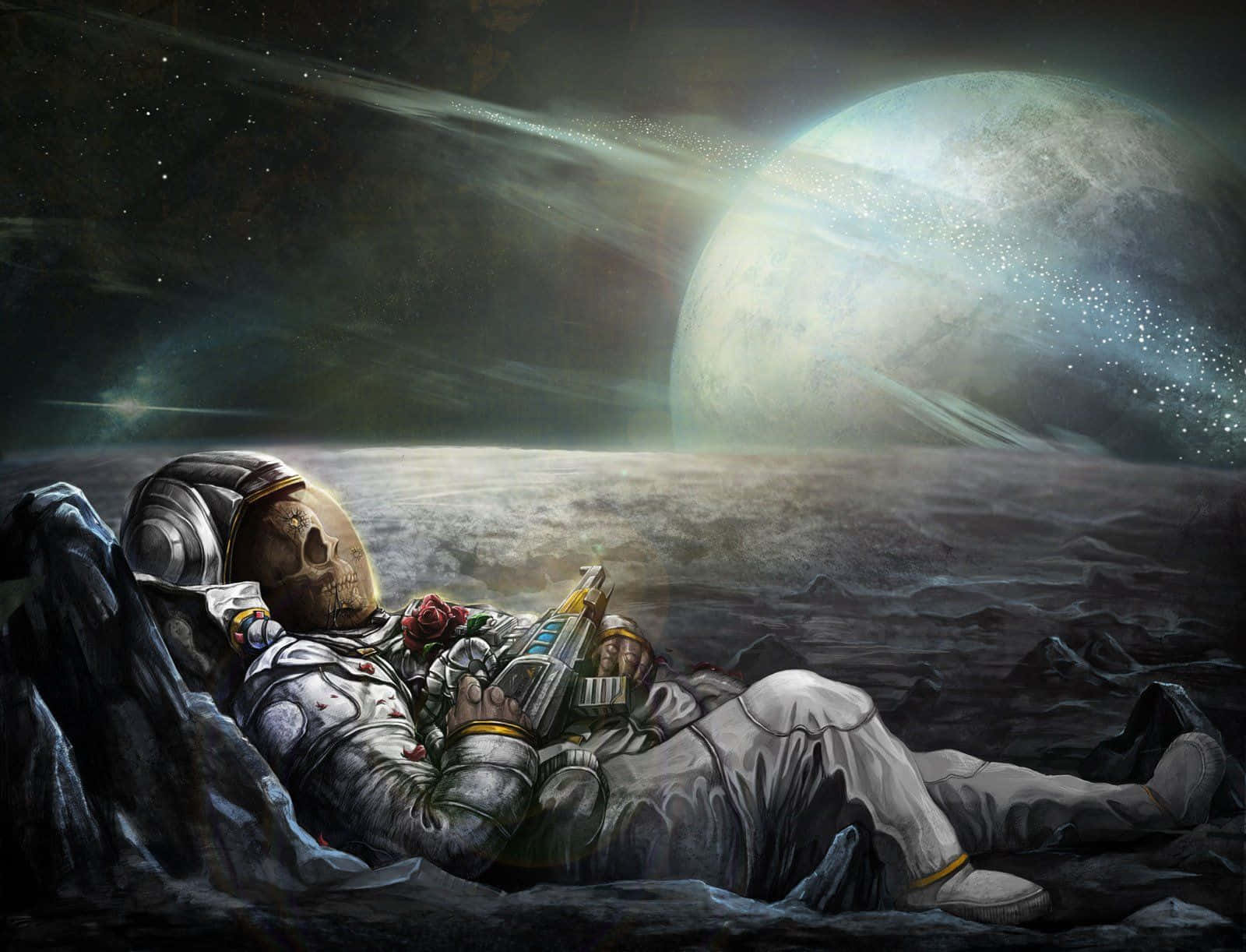 一個骷髏太空人躺喺外星行星上，喺發光月亮下揸住一朵玫瑰同一個裝置。