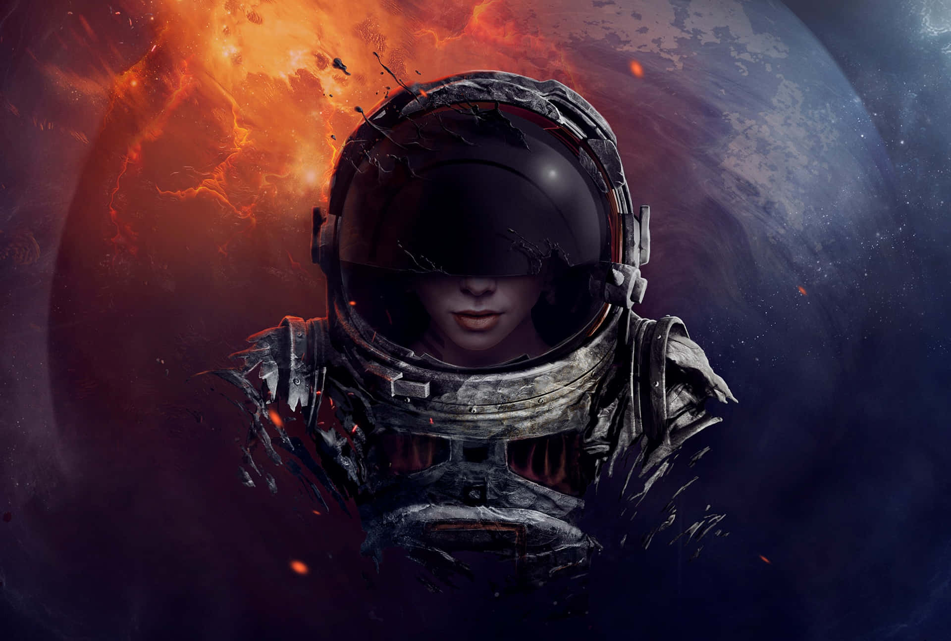 破損太空衣的太空人，背景是熾熱行星和星空。
