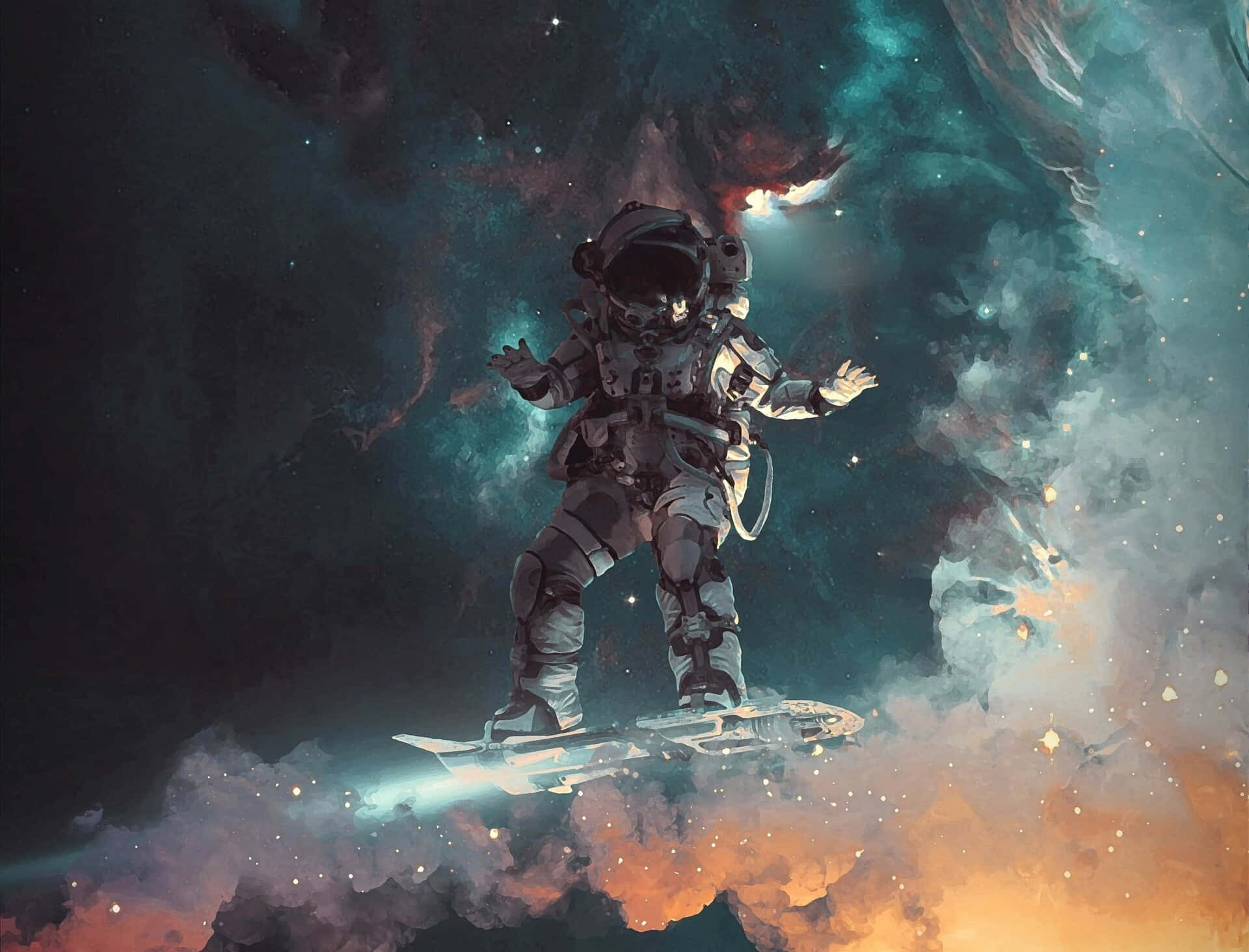 太空人在發光的板上穿過色彩繽紛的宇宙雲層衝浪。
