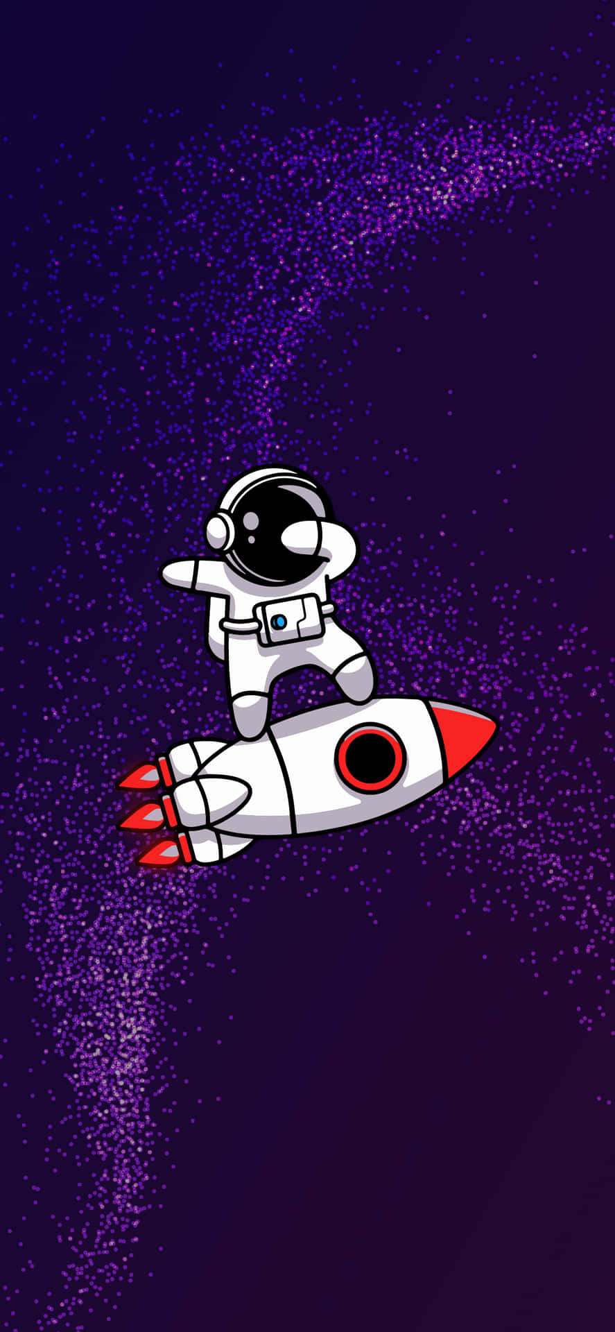 一個卡通太空人乘坐火箭穿過紫色星域。