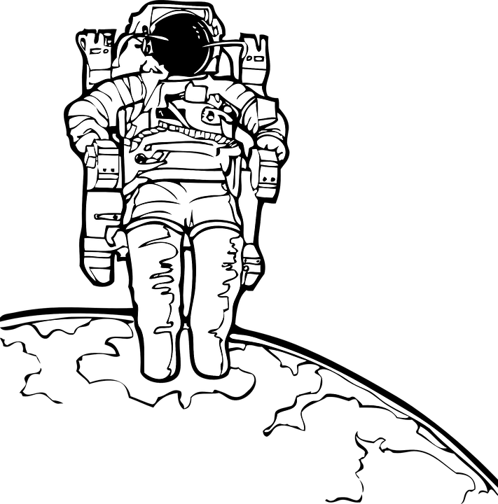 宇航員漂浮於地球之上插畫 壁紙 — 一個鮮明的黑白線條藝術太空人站在一個行星的彎曲地平線上，背景是虛空。