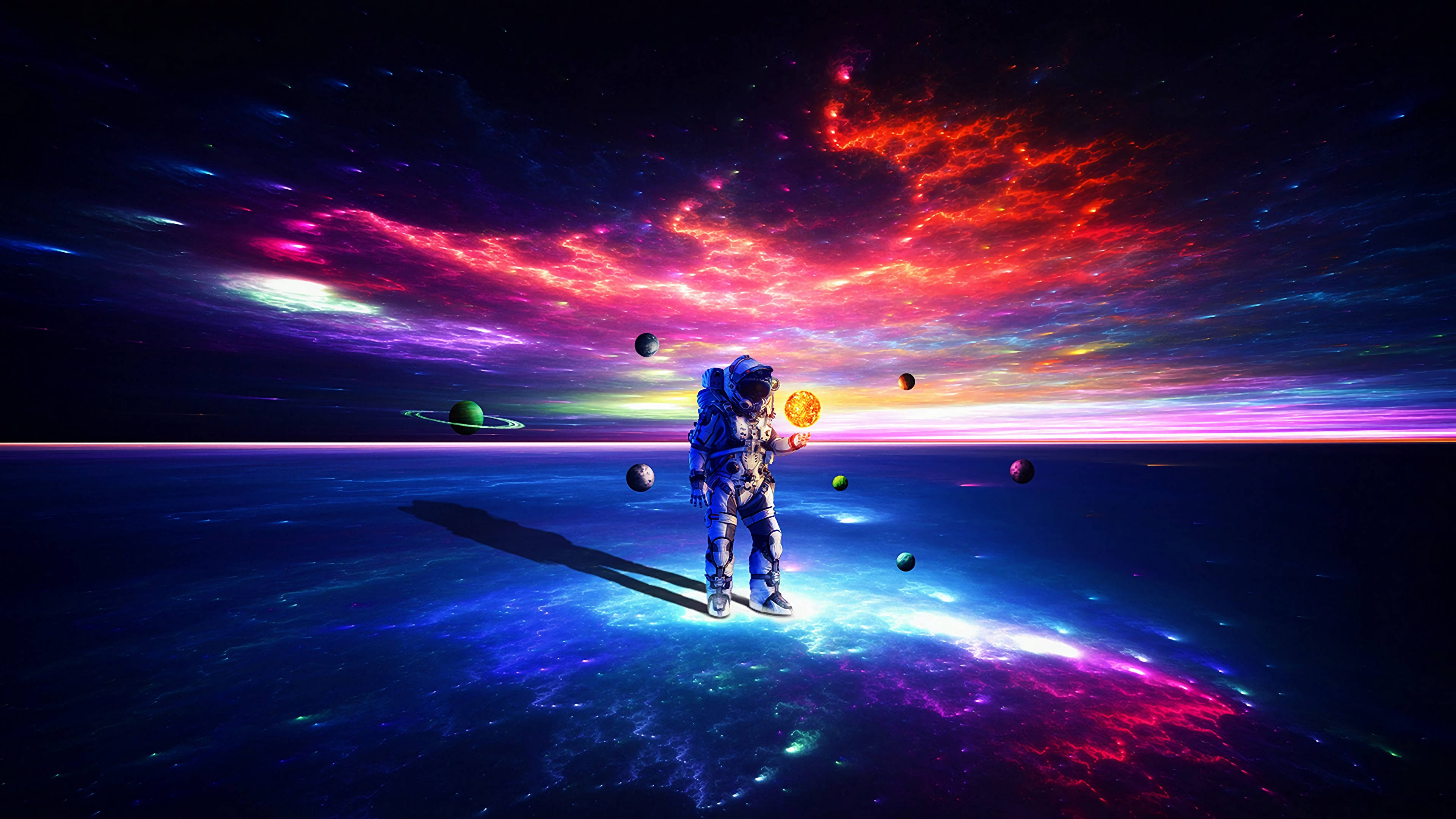 宇航員漫步宇宙 壁紙 — 一名太空人站在發光的宇宙行星上，在充滿漂浮行星的鮮豔星雲天空下舉著太陽。