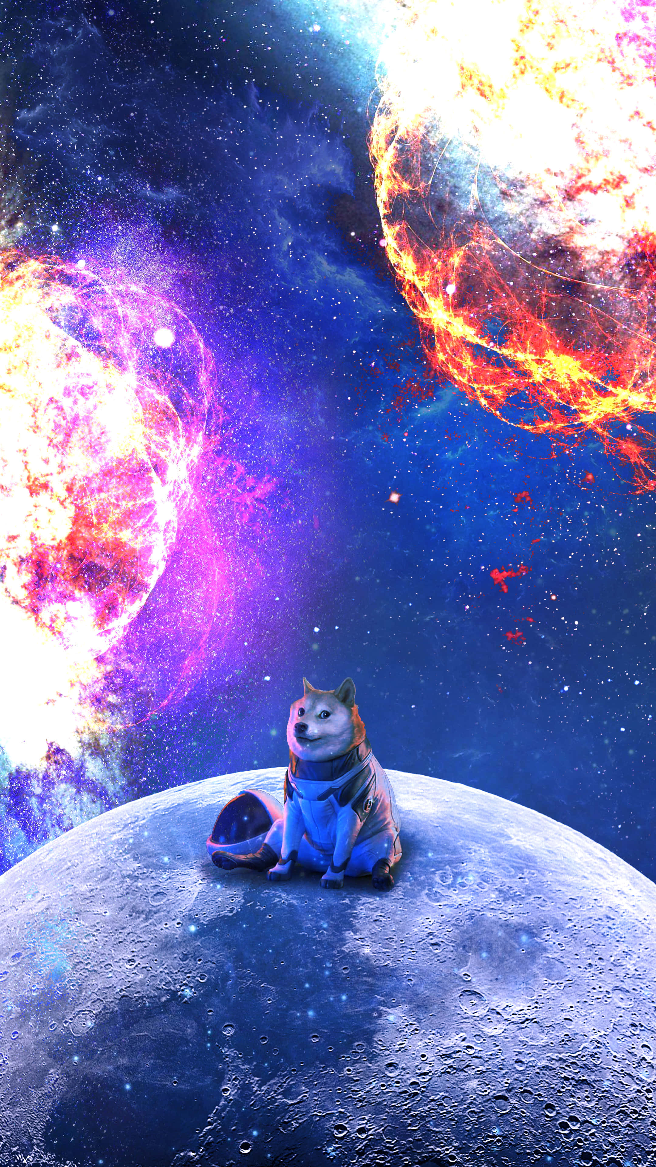 宇航員狗狗與行星 壁紙 — 一隻穿著太空裝備的柴犬平靜地坐在佈滿隕石坑的月球上，背景是旋轉的宇宙星雲和熾熱的星星。