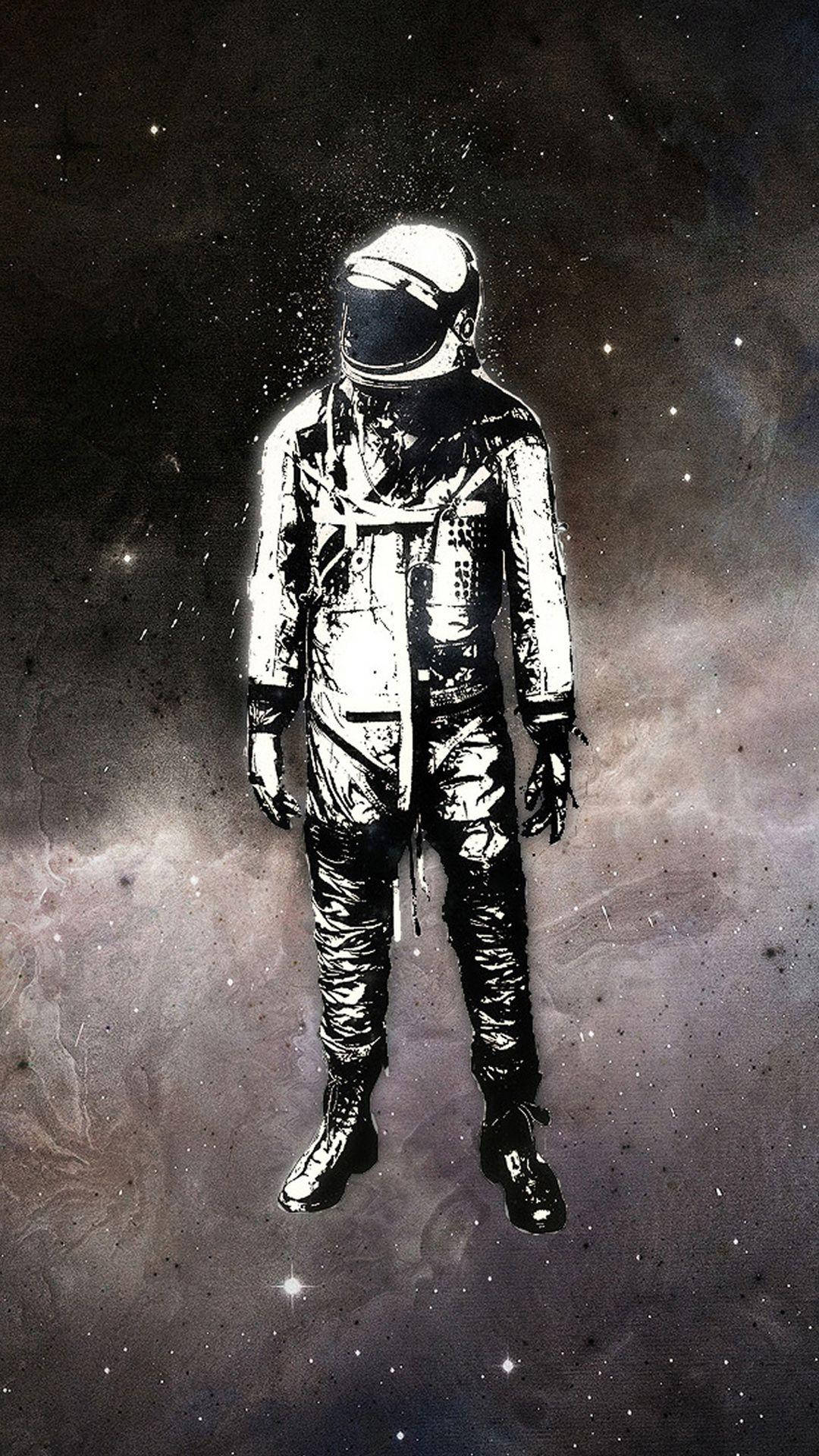 一個孤獨的太空人穿著太空衣，漂浮在滿天星斗的宇宙虛空中。